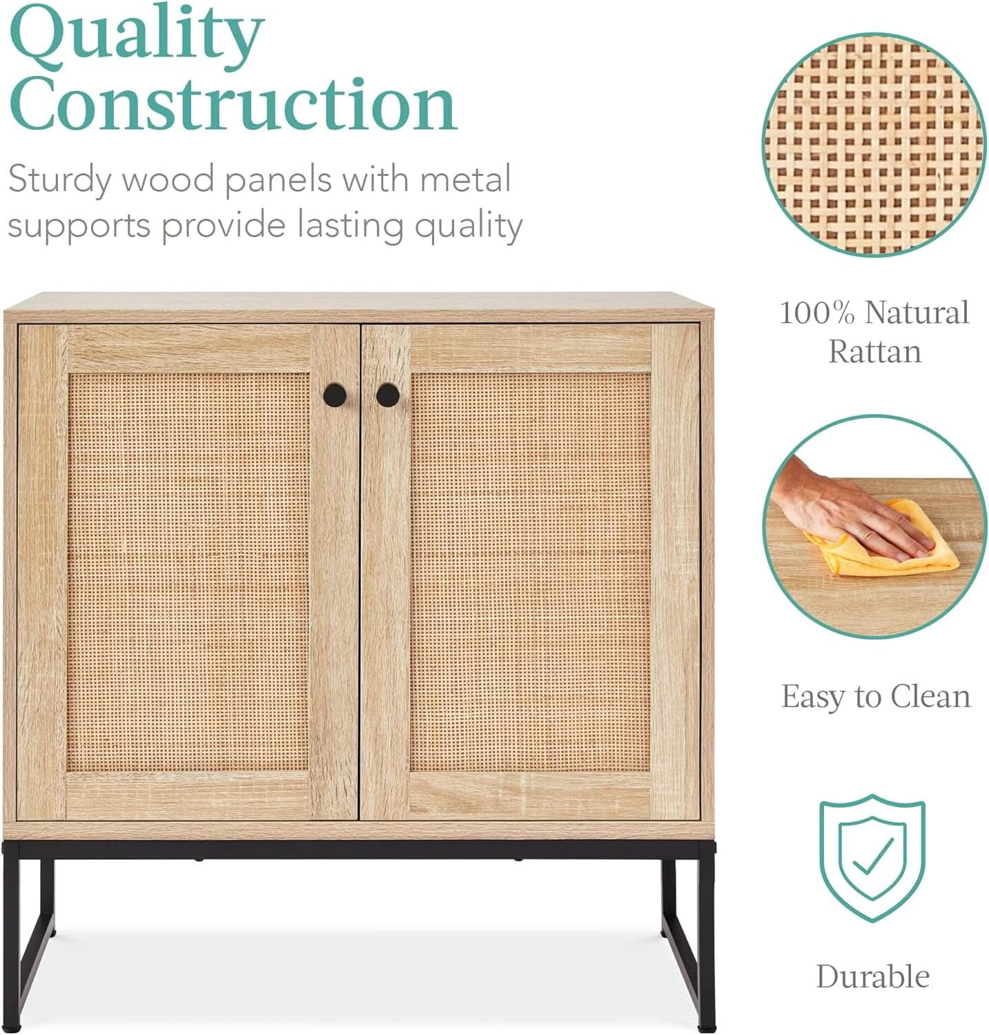 Two Door Rattan Storage Cabinet Natural Finish With Non Scratch Foot Pads For Living Room Hallway Kitchen