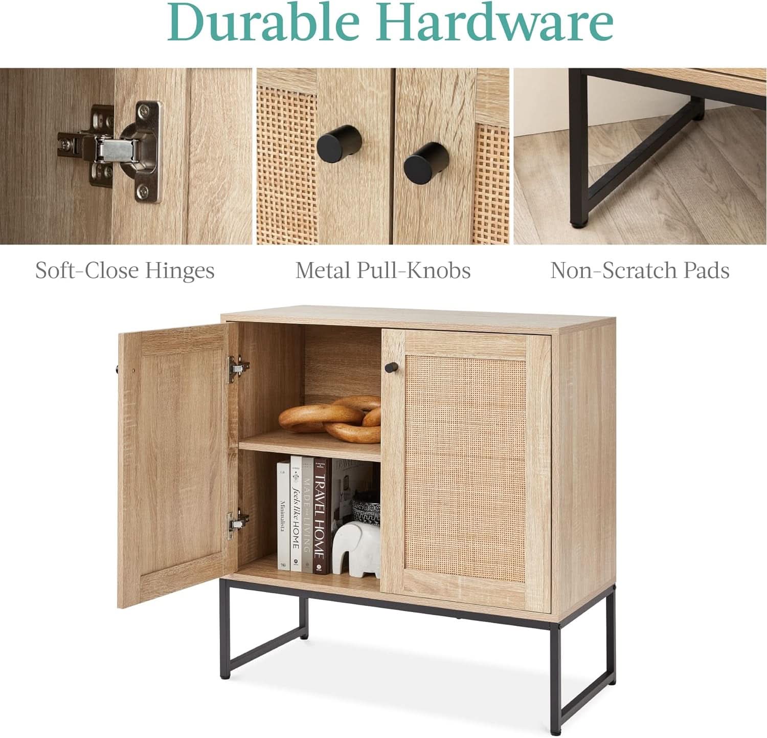 Two Door Rattan Storage Cabinet Natural Finish With Non Scratch Foot Pads For Living Room Hallway Kitchen