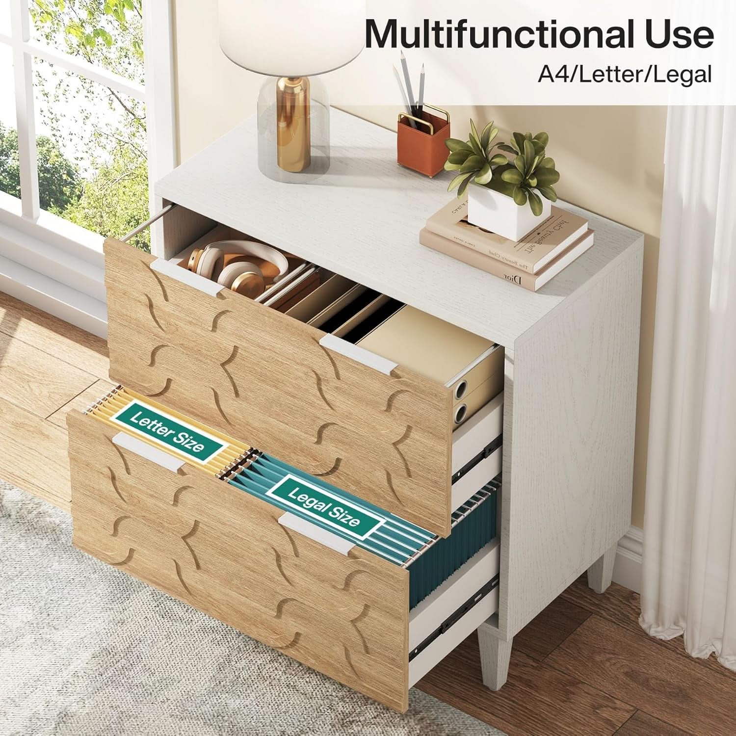 Two Drawer Lateral File Cabinet For A4 Letter And Legal Size Documents White And Walnut Printer Stand