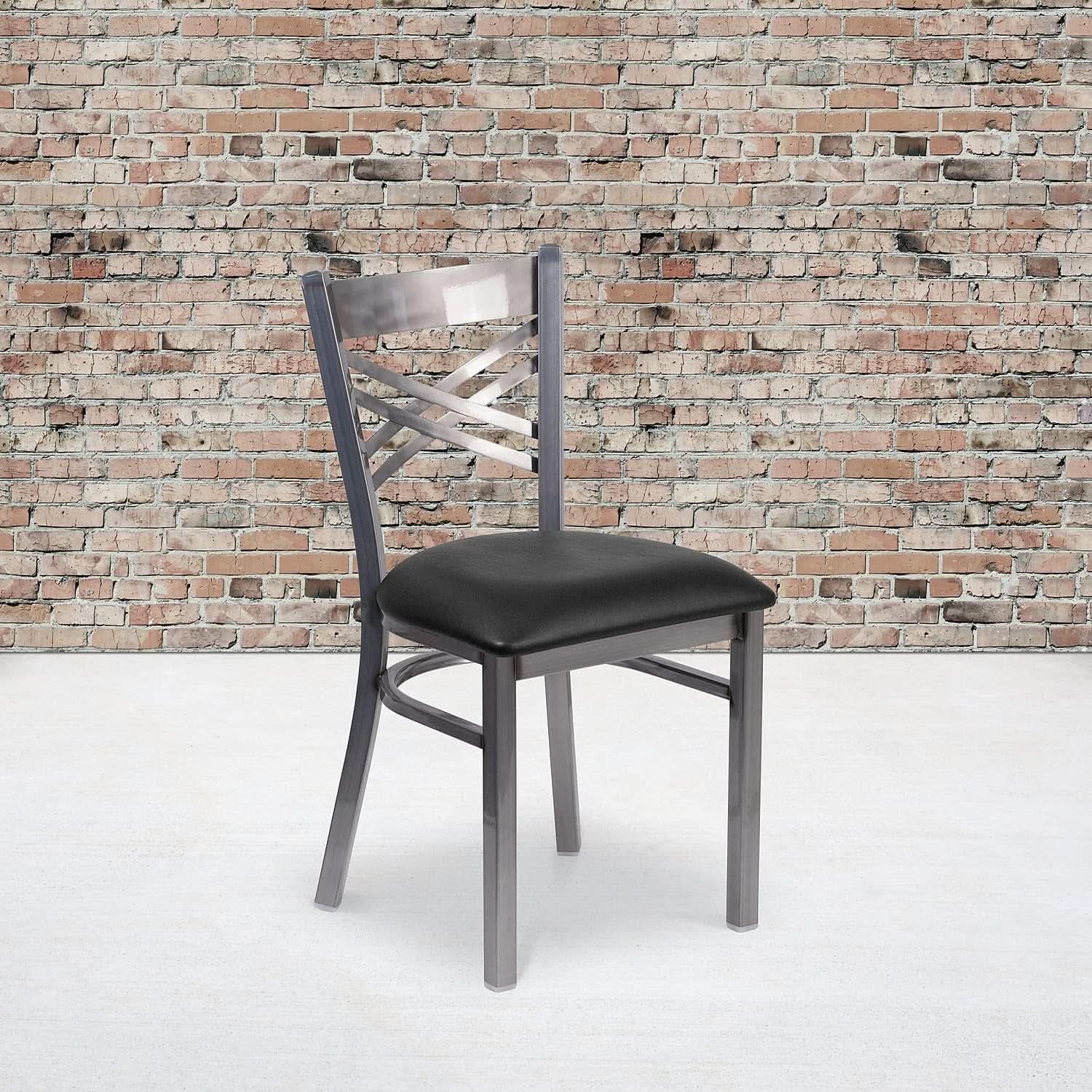 Two Pack Hercules Series Clear Coated X Back Metal Restaurant Chair Black Vinyl Seat
