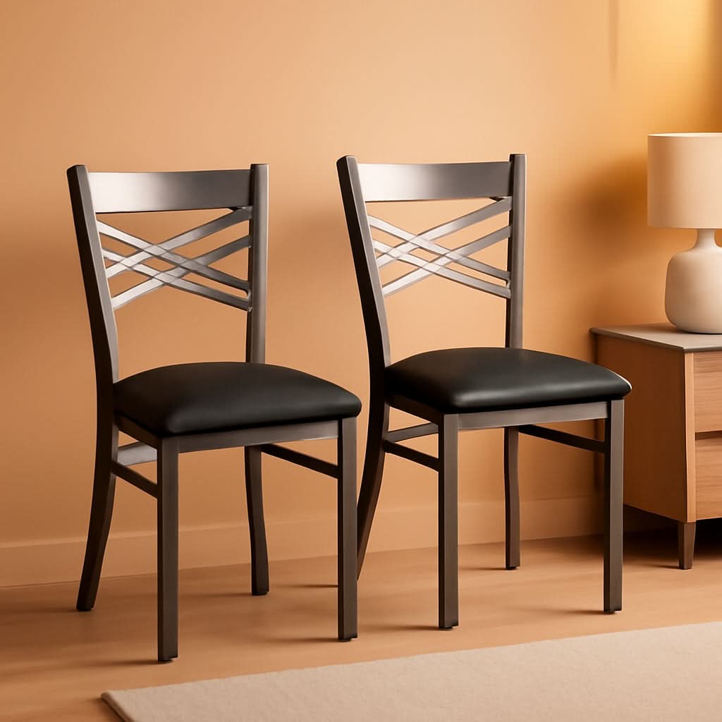 Two Pack Hercules Series Clear Coated X Back Metal Restaurant Chair Black Vinyl Seat