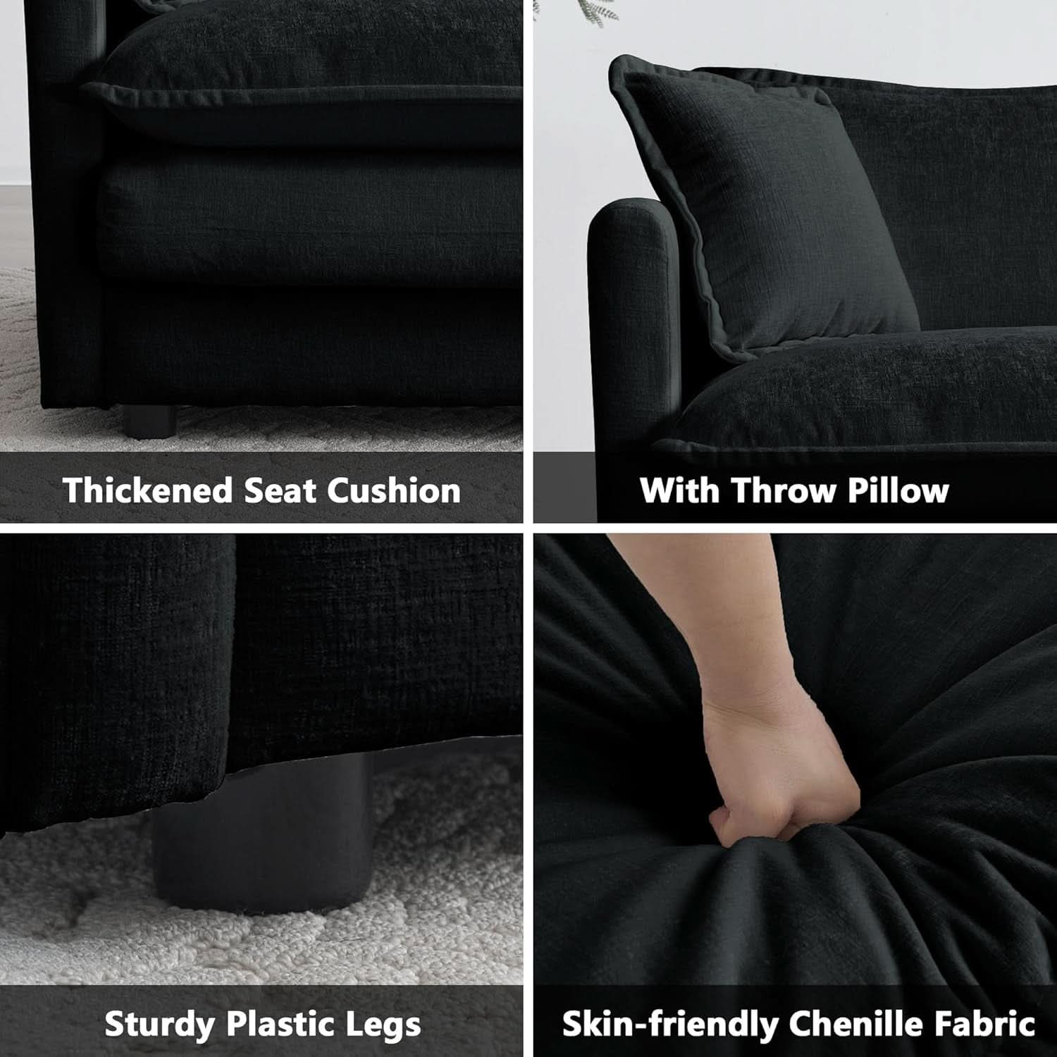 Two Piece Loveseat And Armchair Set For Living Room In Black Chenille