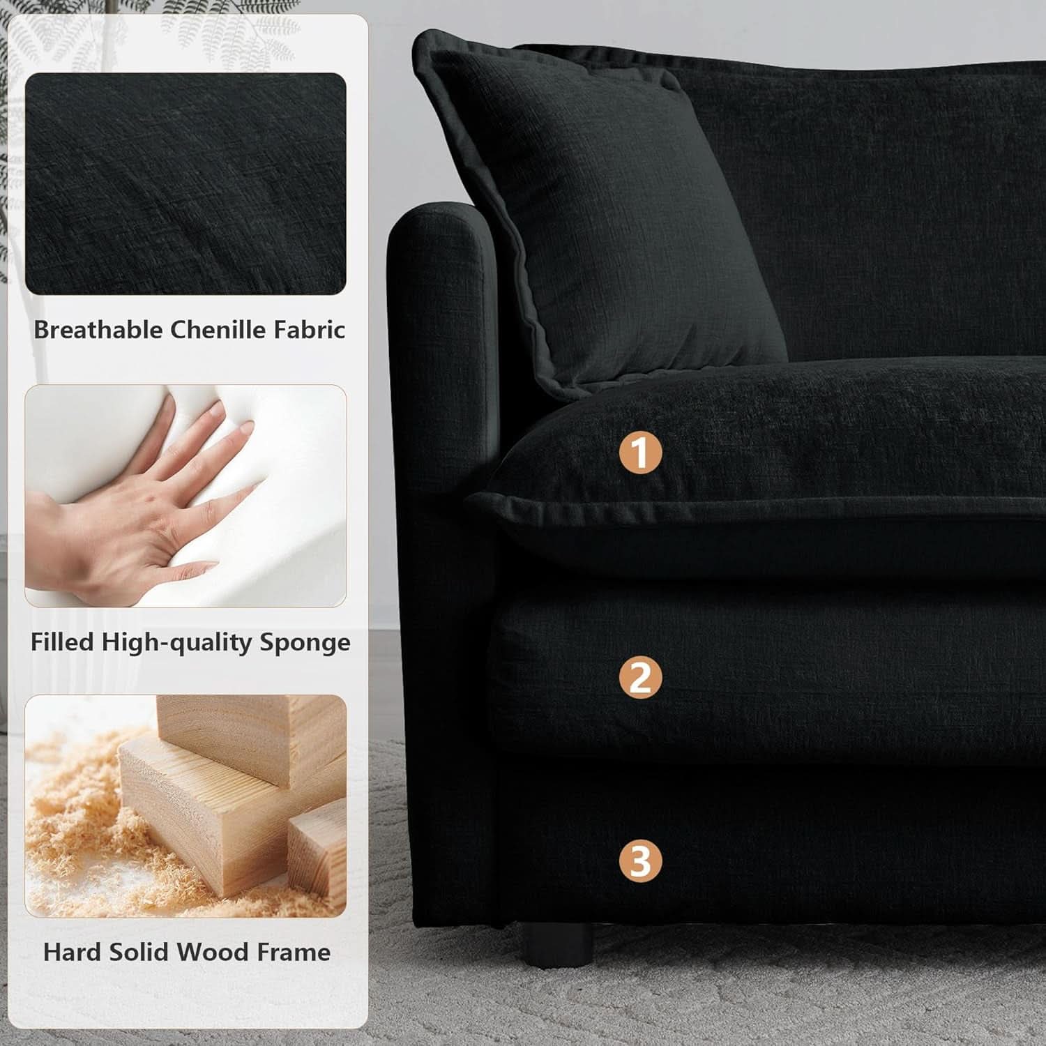 Two Piece Loveseat And Armchair Set For Living Room In Black Chenille