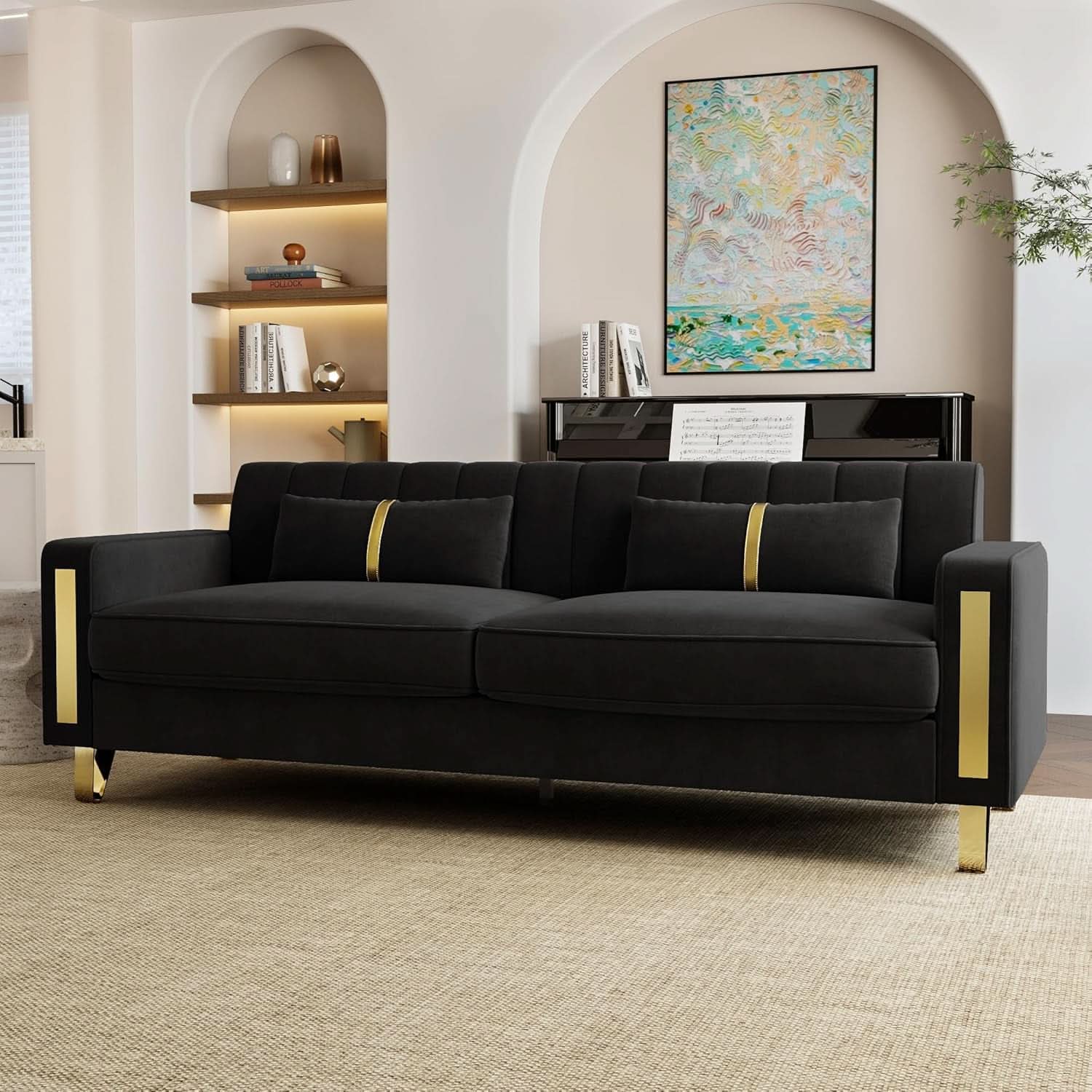 Two Piece Loveseat Sofa Set For Living Room 86 Inch Black Velvet Upholstery Quality Living Room Furniture