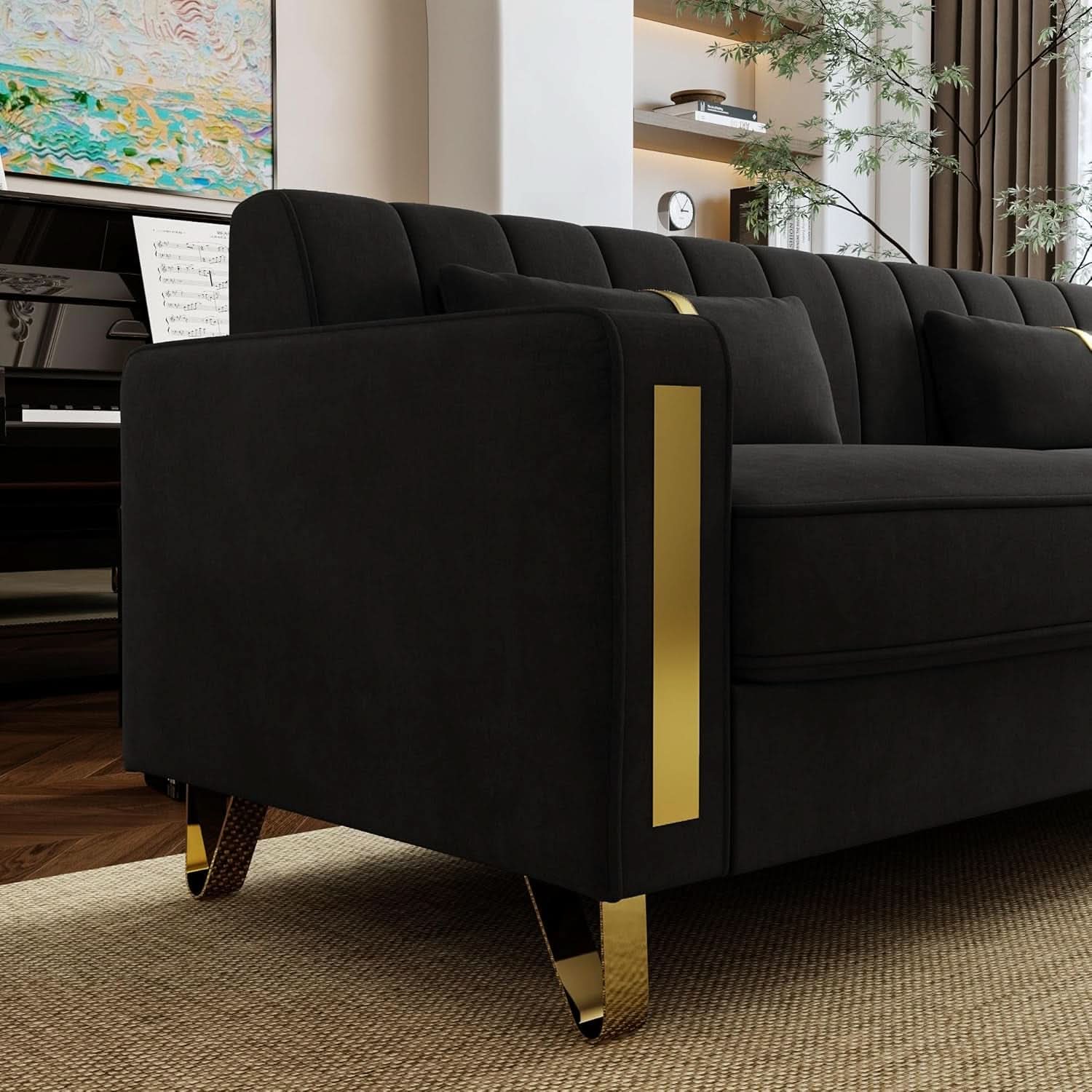 Two Piece Loveseat Sofa Set For Living Room 86 Inch Black Velvet Upholstery Quality Living Room Furniture