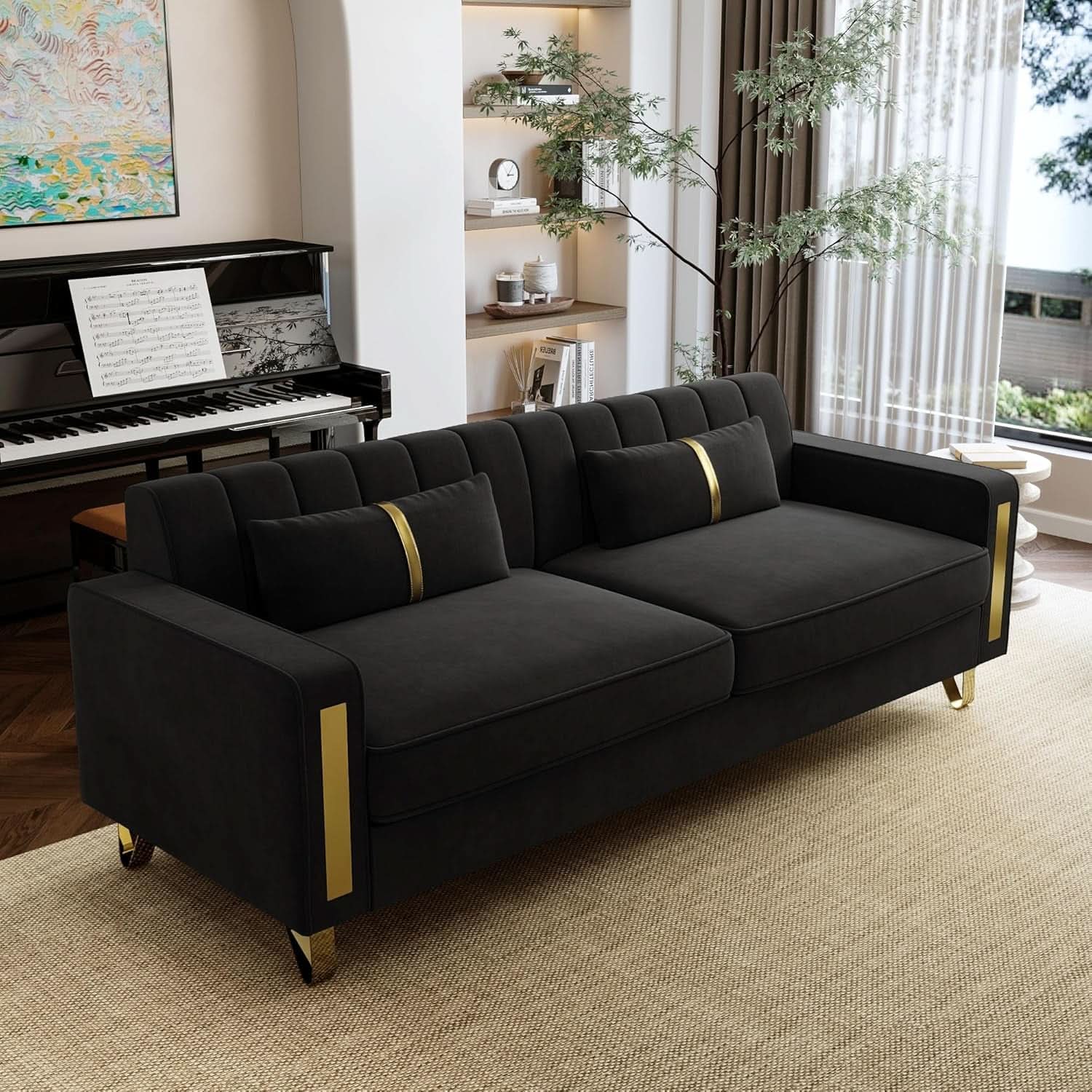 Two Piece Loveseat Sofa Set For Living Room 86 Inch Black Velvet Upholstery Quality Living Room Furniture