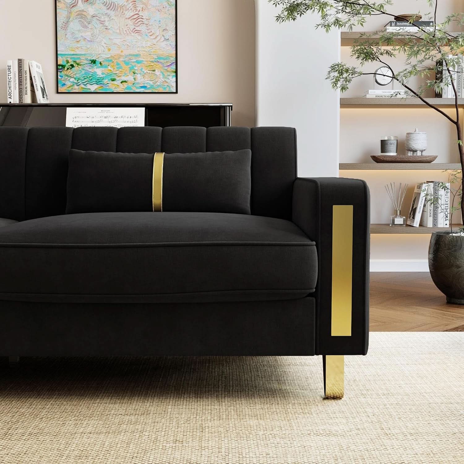 Two Piece Loveseat Sofa Set For Living Room 86 Inch Black Velvet Upholstery Quality Living Room Furniture