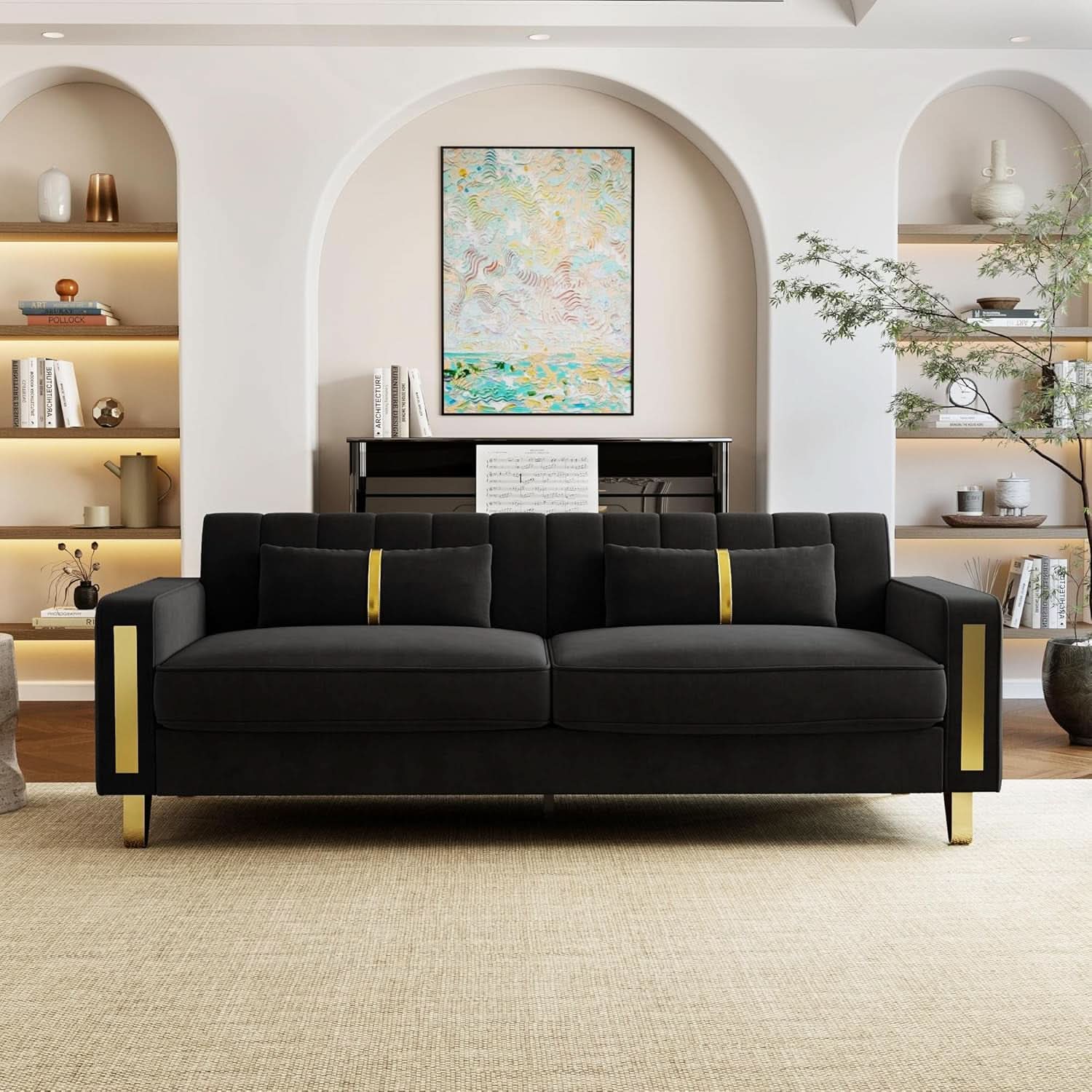 Two Piece Loveseat Sofa Set For Living Room 86 Inch Black Velvet Upholstery Quality Living Room Furniture