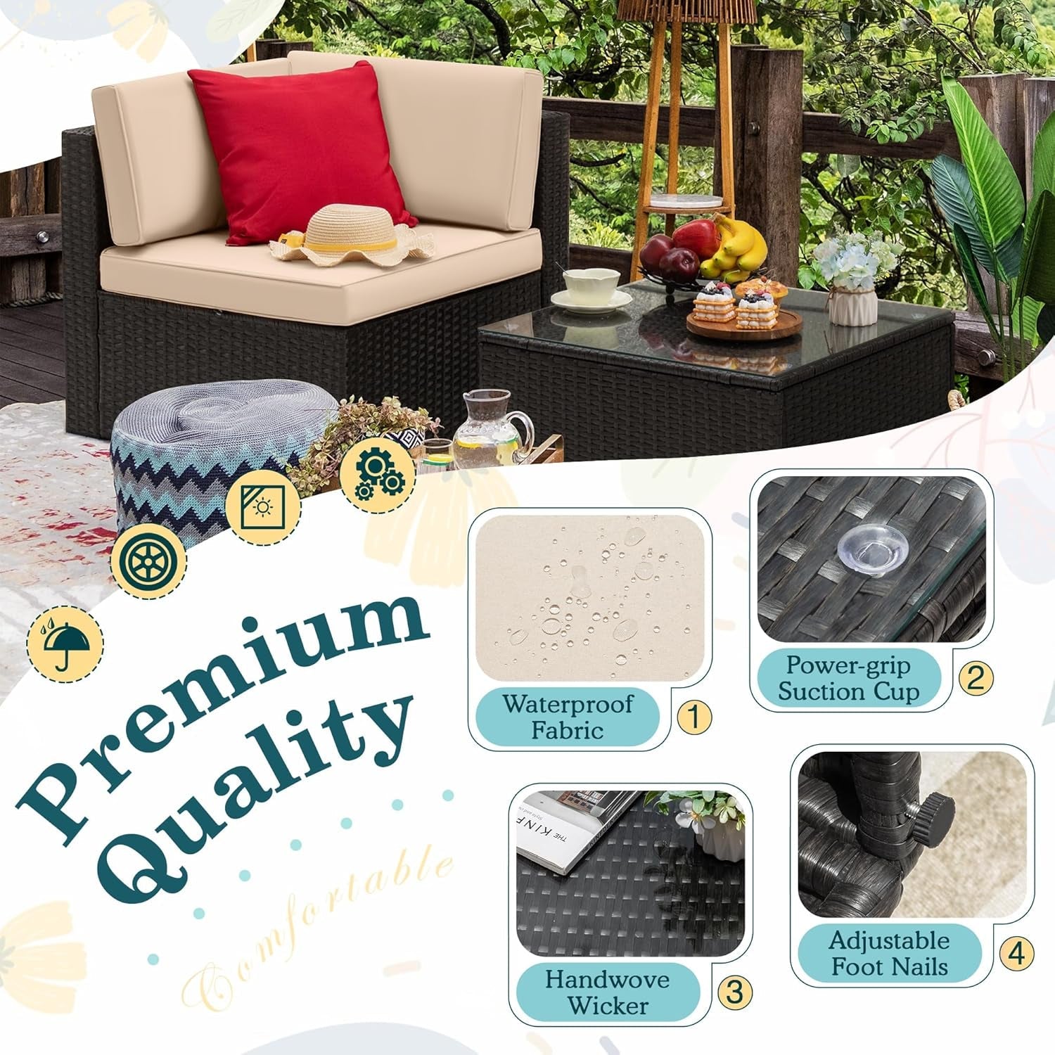 Two Piece Patio Furniture Set All Weather PE Rattan Outdoor Sofa Set With Table Beige For Garden Lawn Poolside