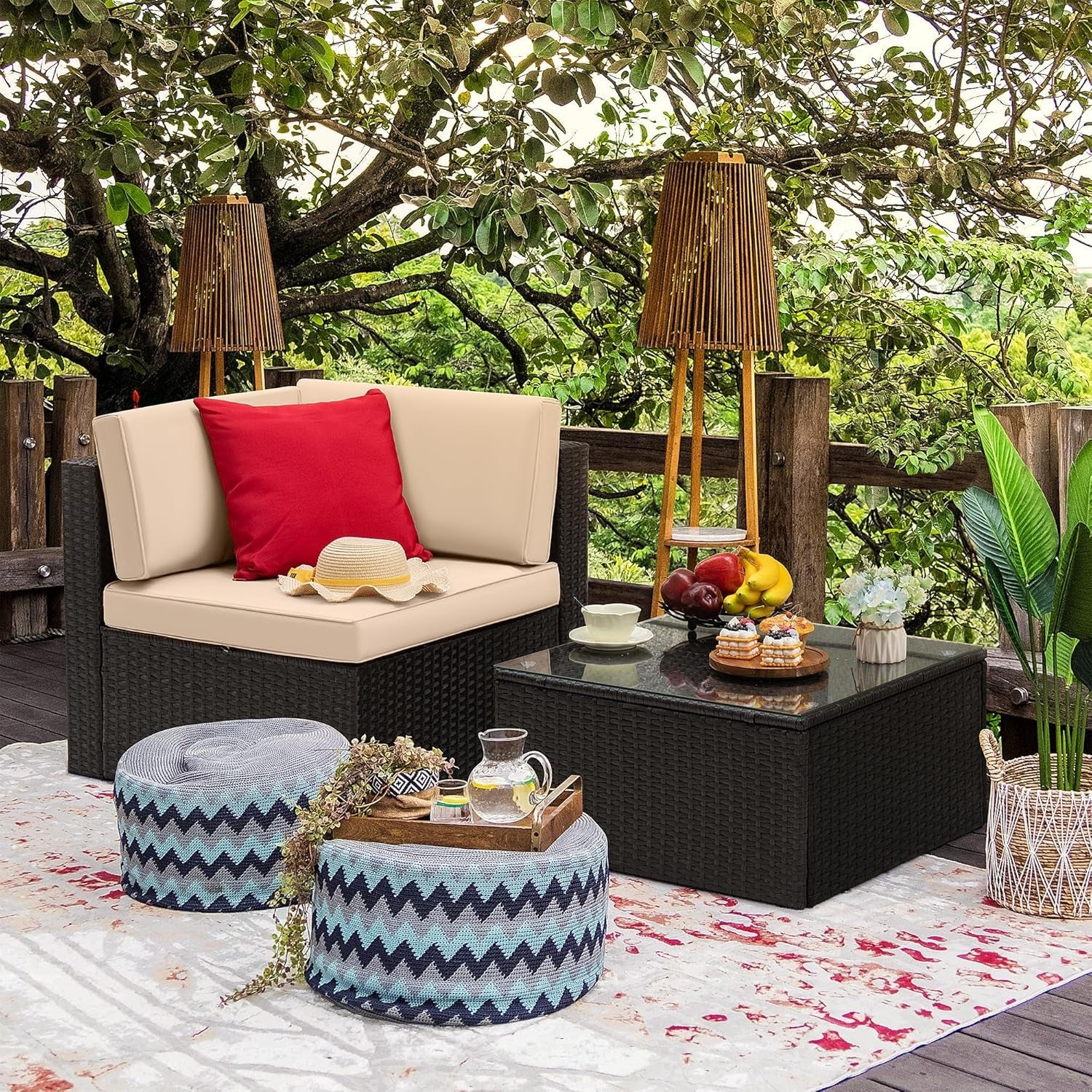 Two Piece Patio Furniture Set All Weather PE Rattan Outdoor Sofa Set With Table Beige For Garden Lawn Poolside