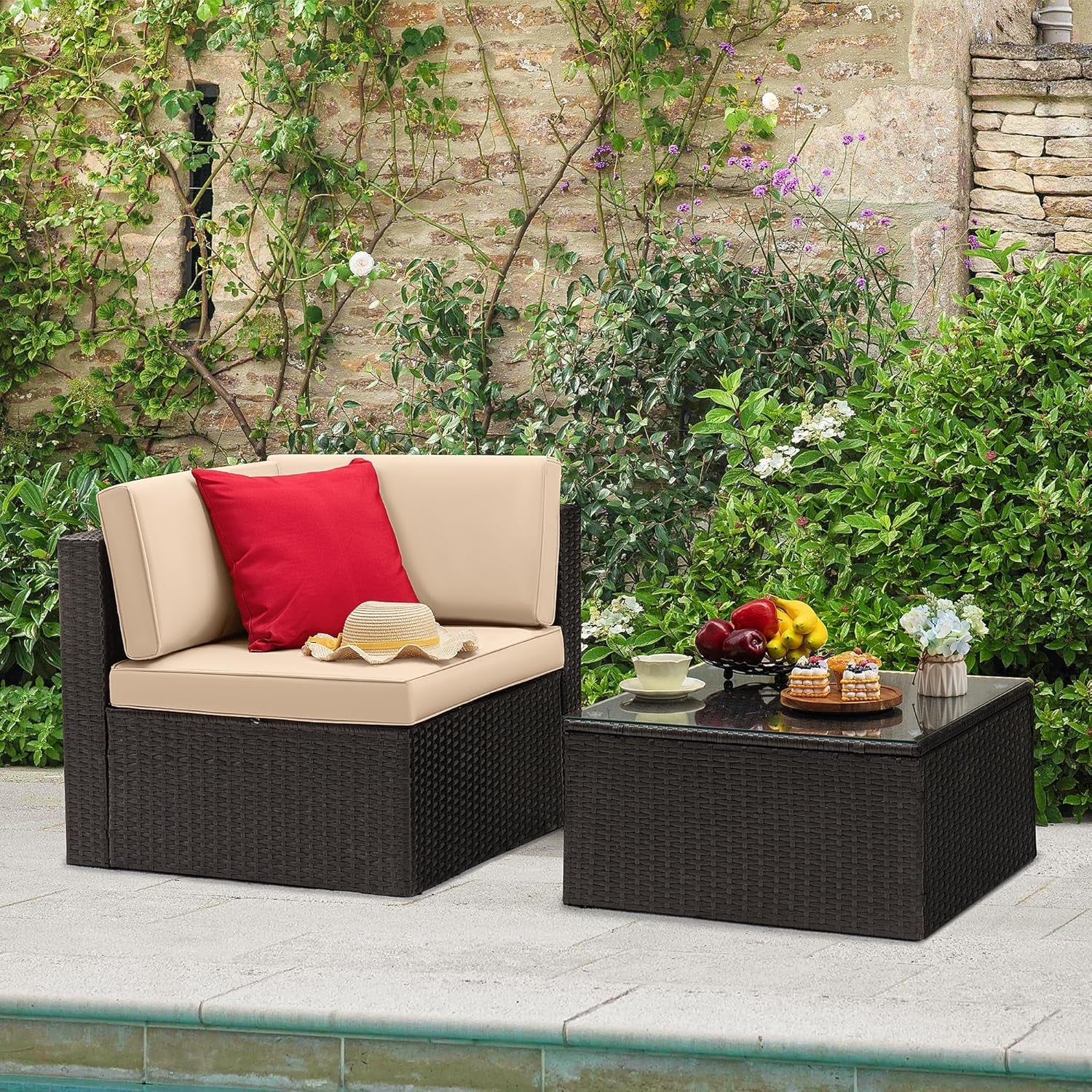 Two Piece Patio Furniture Set All Weather PE Rattan Outdoor Sofa Set With Table Beige For Garden Lawn Poolside