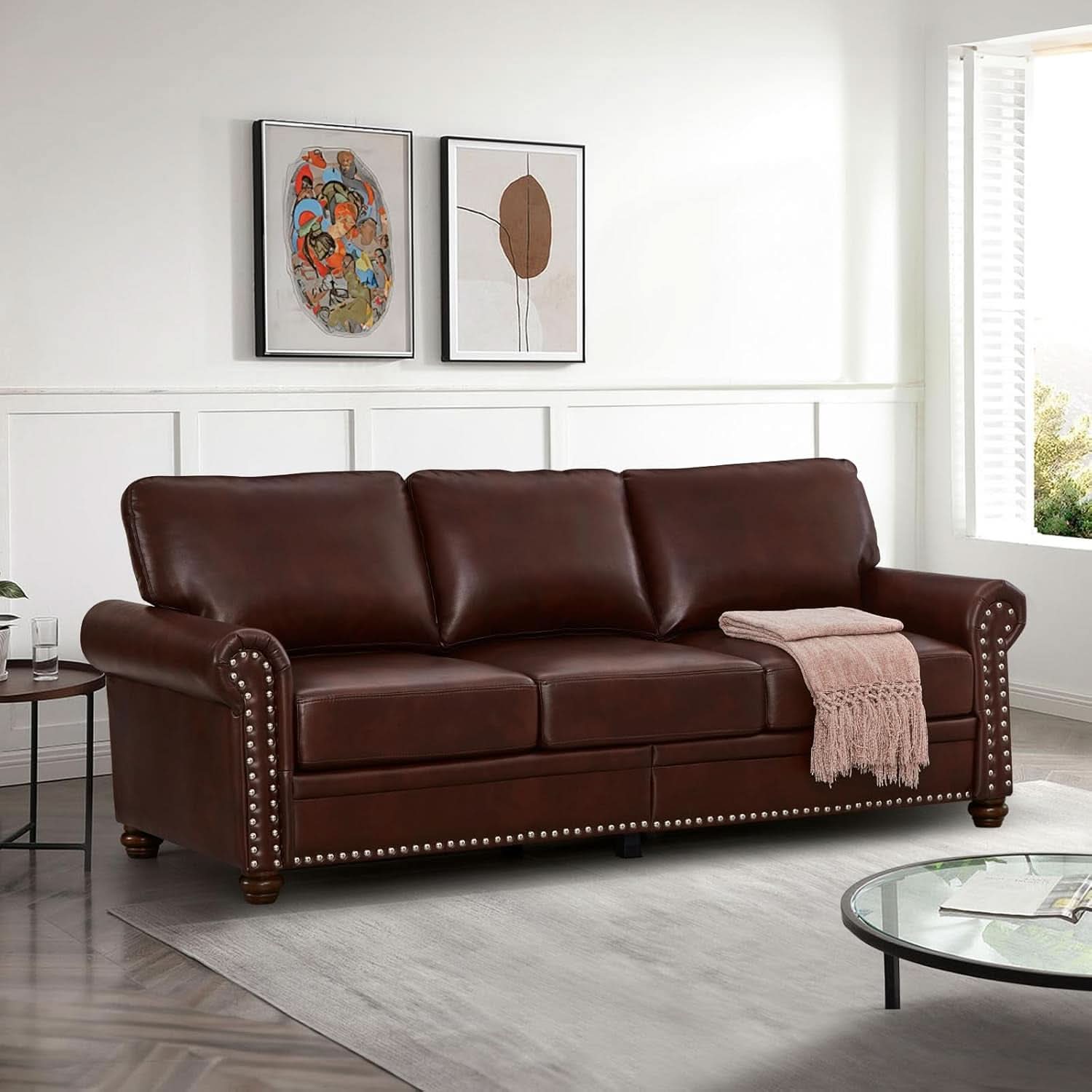 Two Piece Upholstered PU Leather Sofa Set With Hidden Storage Red Brown Mid Century Modern Living Room Furniture
