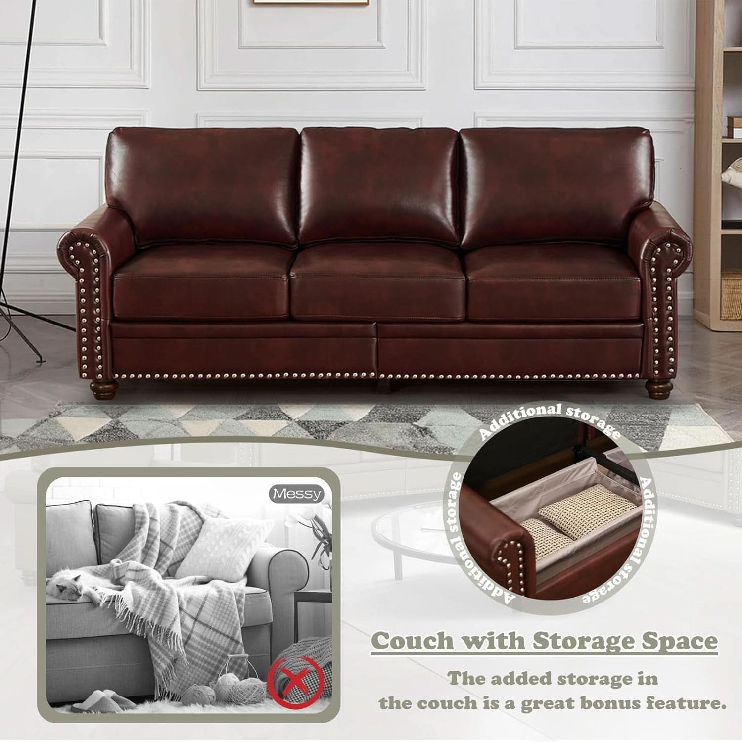Two Piece Upholstered PU Leather Sofa Set With Hidden Storage Red Brown Mid Century Modern Living Room Furniture