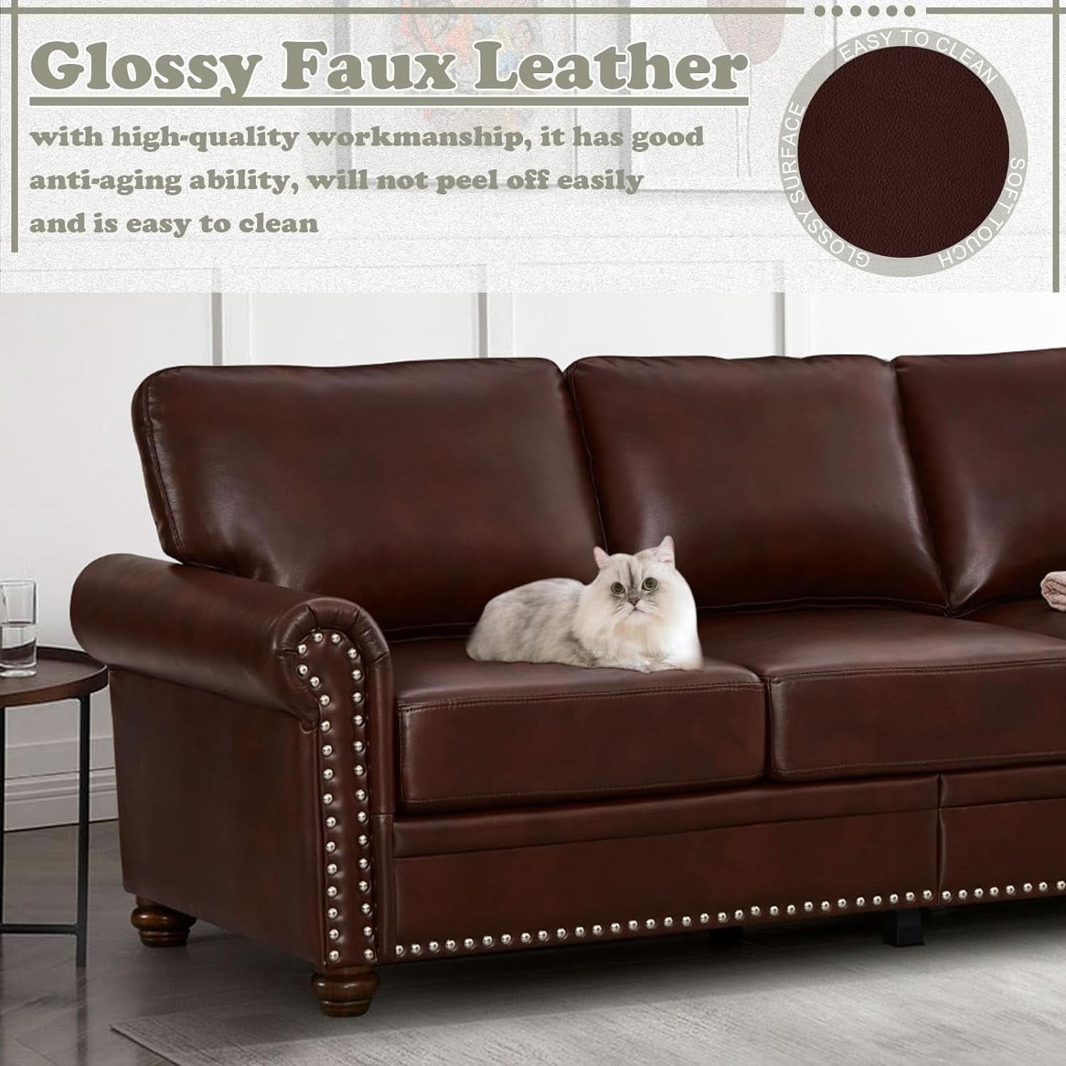 Two Piece Upholstered PU Leather Sofa Set With Hidden Storage Red Brown Mid Century Modern Living Room Furniture