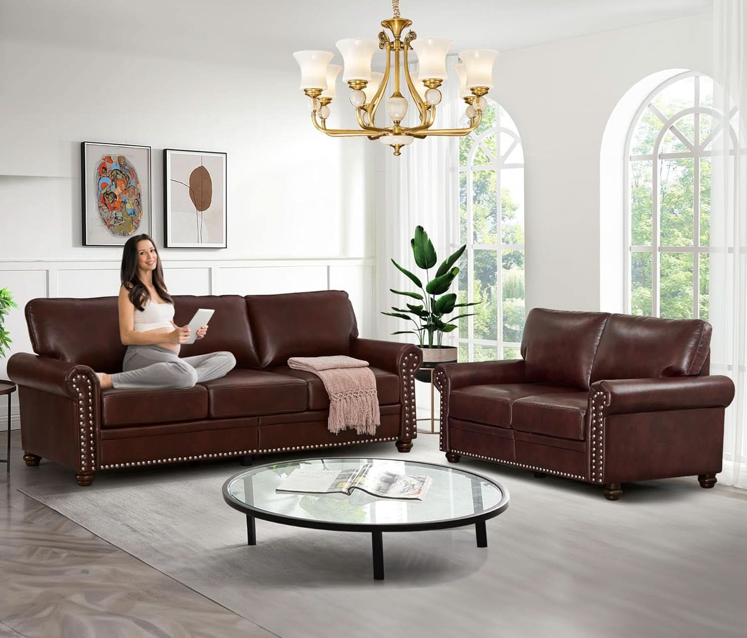 Two Piece Upholstered PU Leather Sofa Set With Hidden Storage Red Brown Mid Century Modern Living Room Furniture