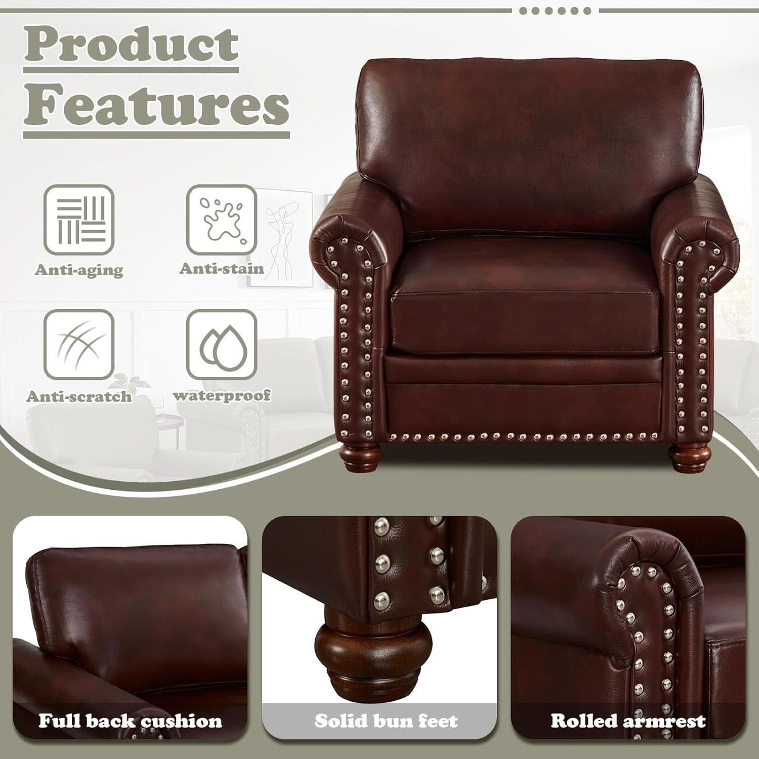 Two Piece Upholstered PU Leather Sofa Set With Hidden Storage Red Brown Mid Century Modern Living Room Furniture
