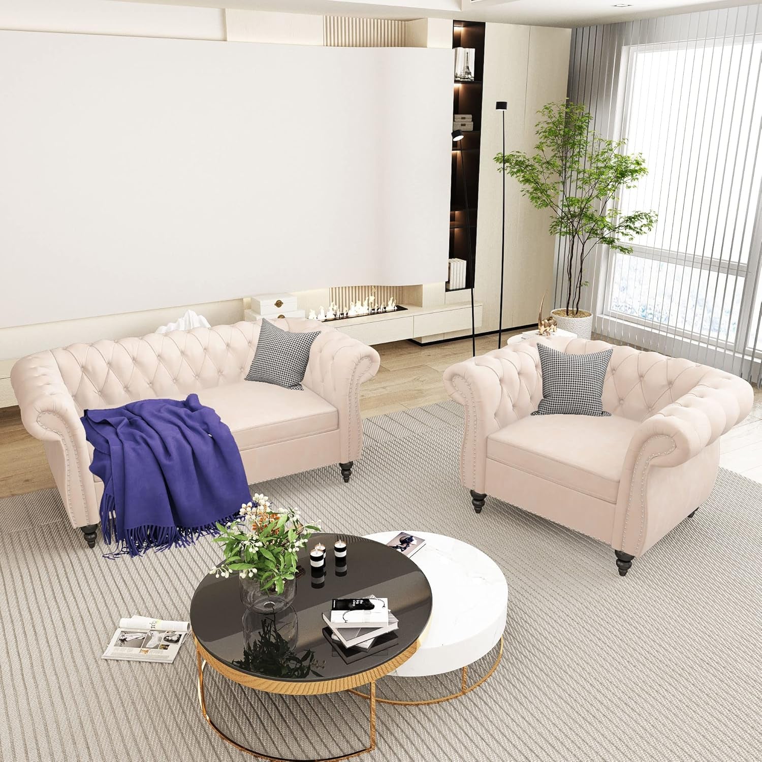 Two Piece Velvet Chesterfield Living Room Set With Scroll Arms And Nailhead Beige Sofa Loveseat
