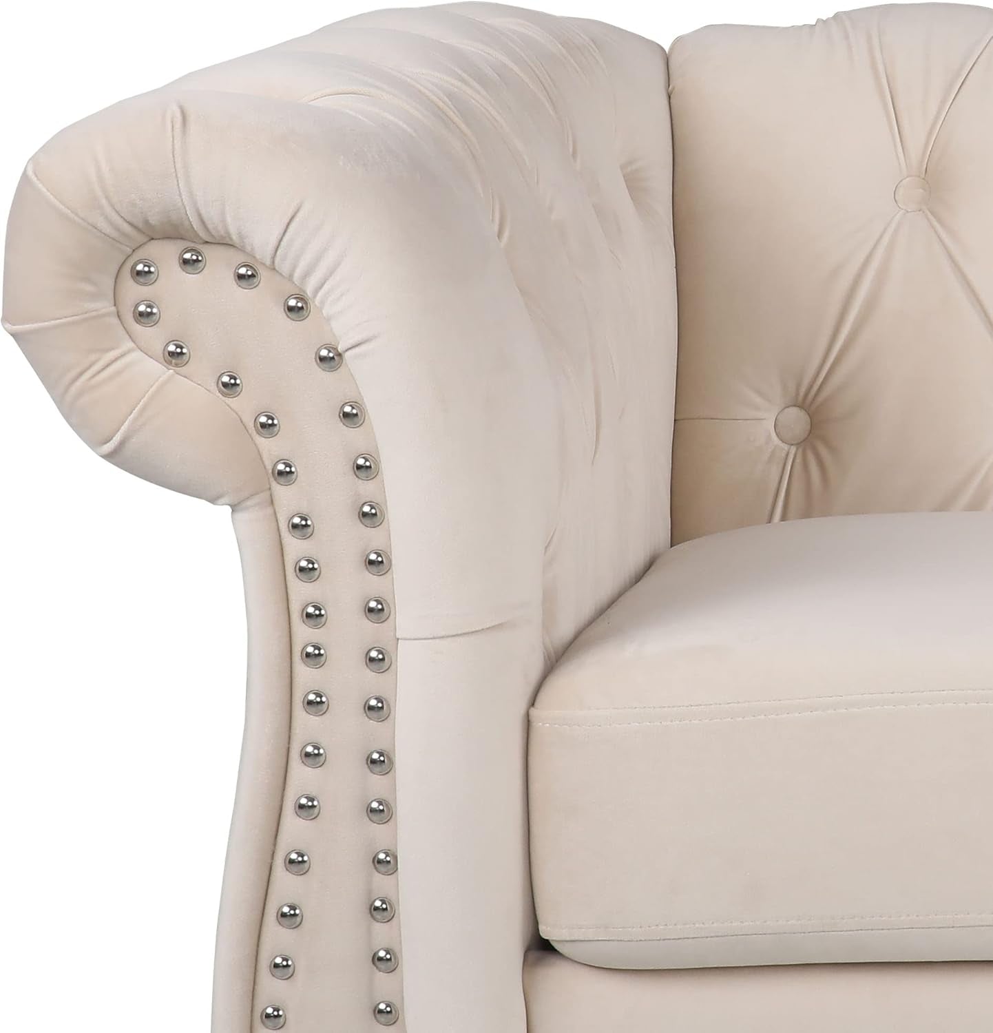 Two Piece Velvet Chesterfield Living Room Set With Scroll Arms And Nailhead Beige Sofa Loveseat