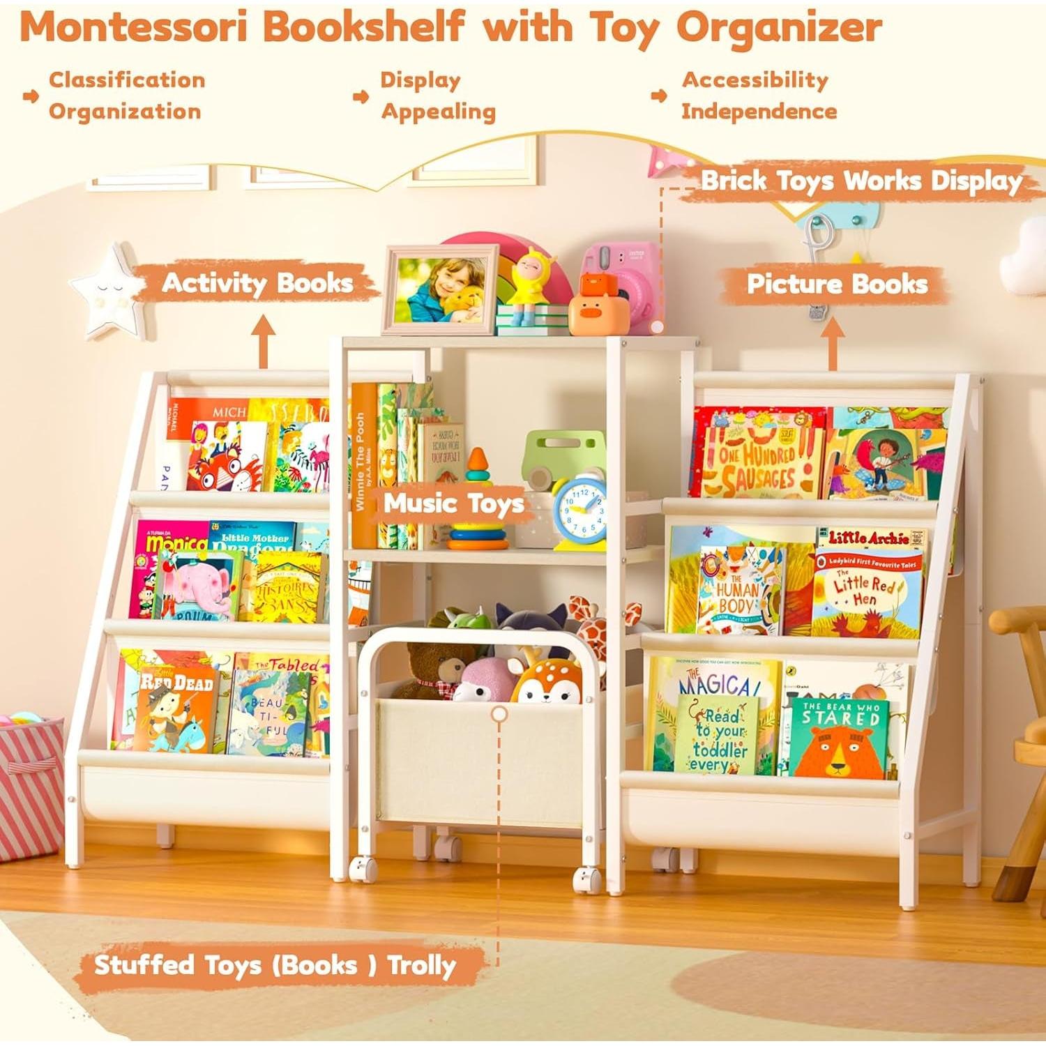 Two Sided Montessori Kids Bookshelf With 6 Tiers Toy Bin