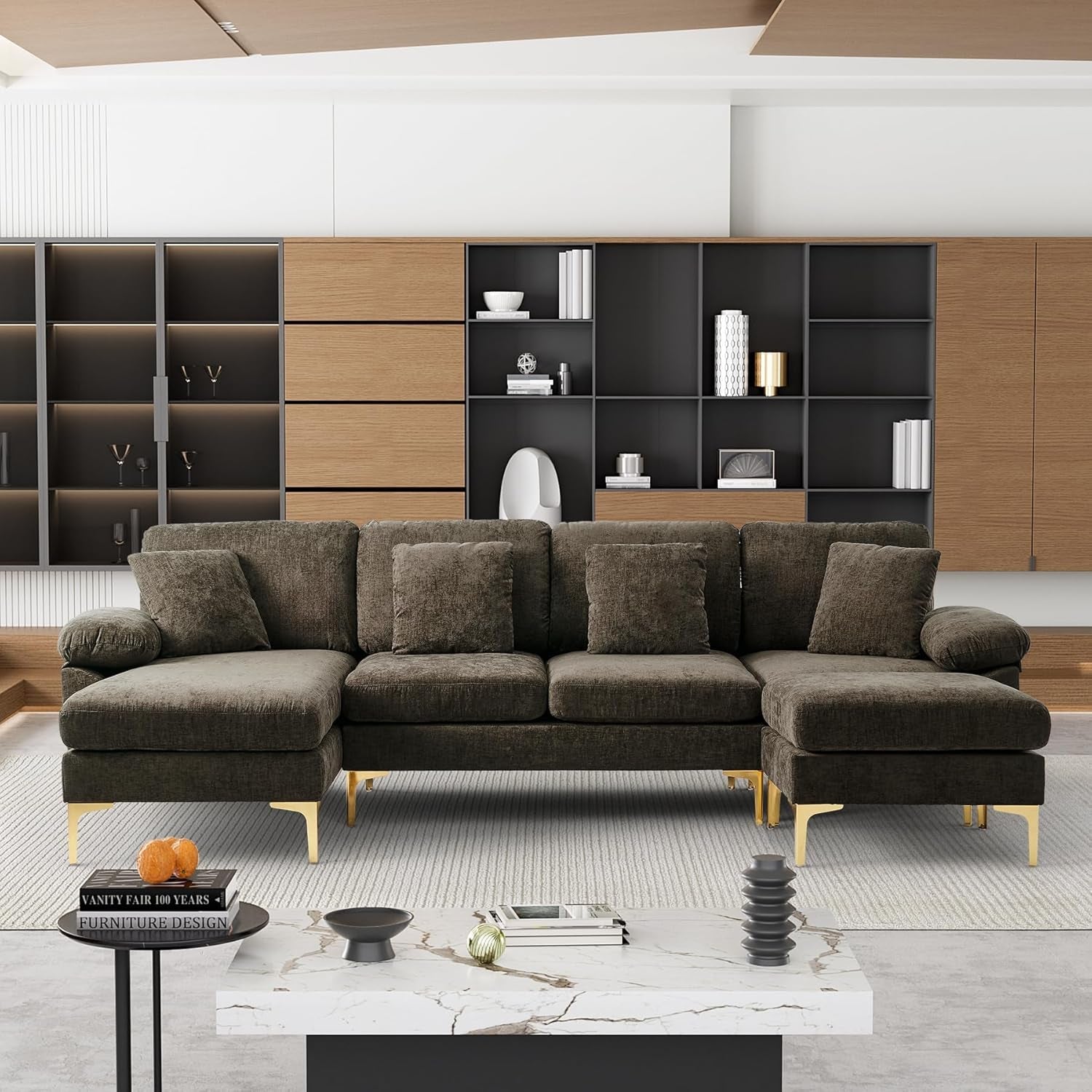 U-Shaped Sectional Sofa Couch 4-Seat Chenille Brown