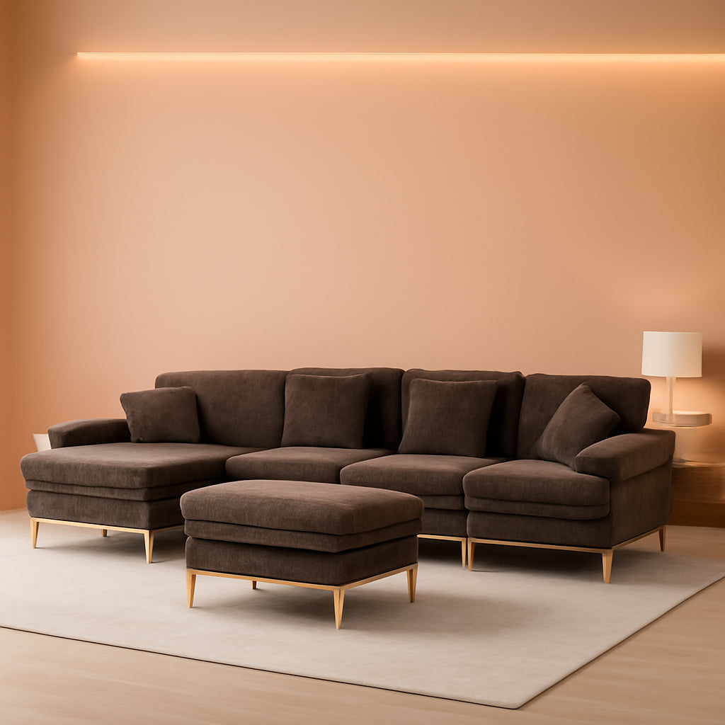 U-Shaped Sectional Sofa Couch 4-Seat Chenille Brown