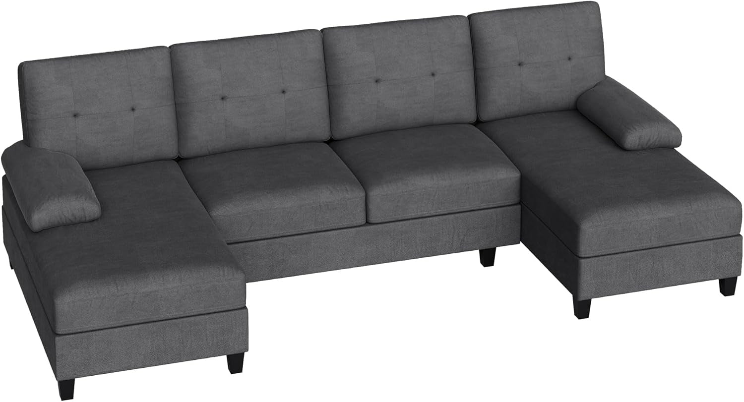 U Shaped Sectional Sofa Double Chaise 4 Seat Linen