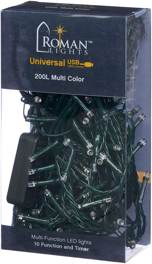 USB powered 200 LED (52 foot) Green Wire Multifunction Lights with Timer - Multicolor