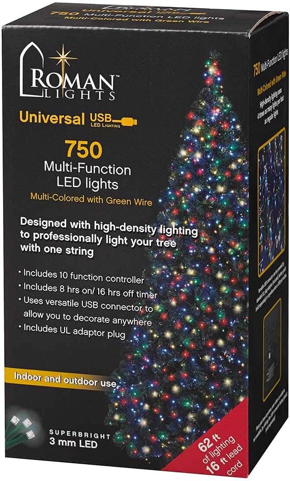 USB powered 750 Superbright LED (63 foot) Green Wire Multifunction Lights with Timer - Multicolor