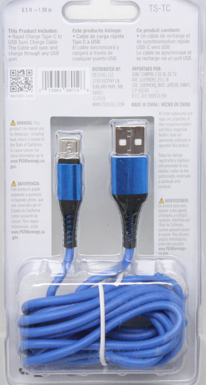 USB type C 6.5 foot Sync/Charge Cable - Blue