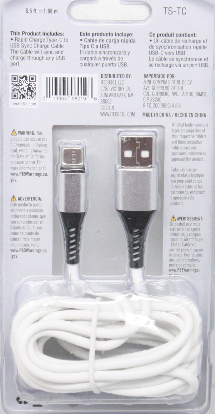 USB type C 6.5 foot Sync/Charge Cable - White