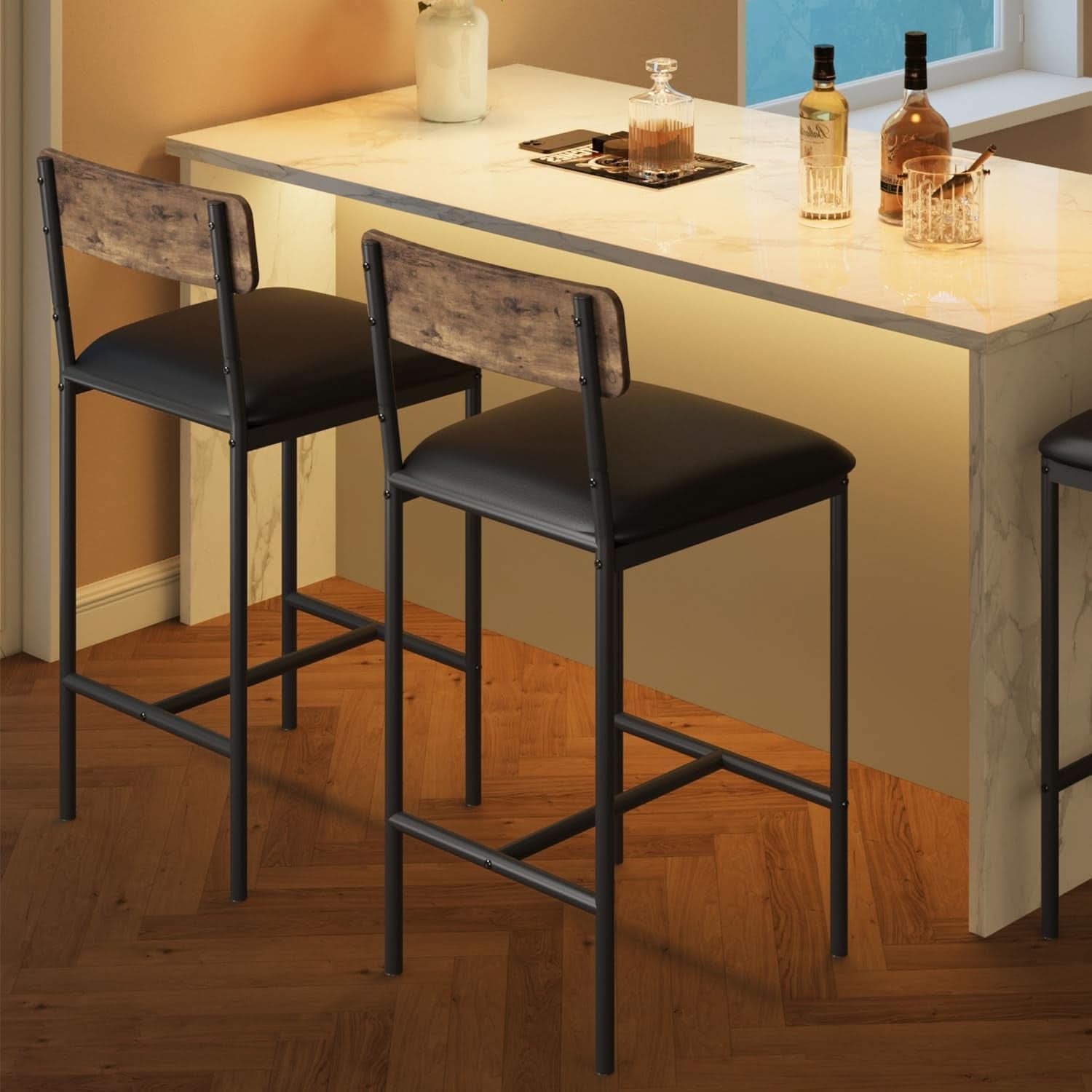 Upholstered Bar Stools Set of Two with Backrest