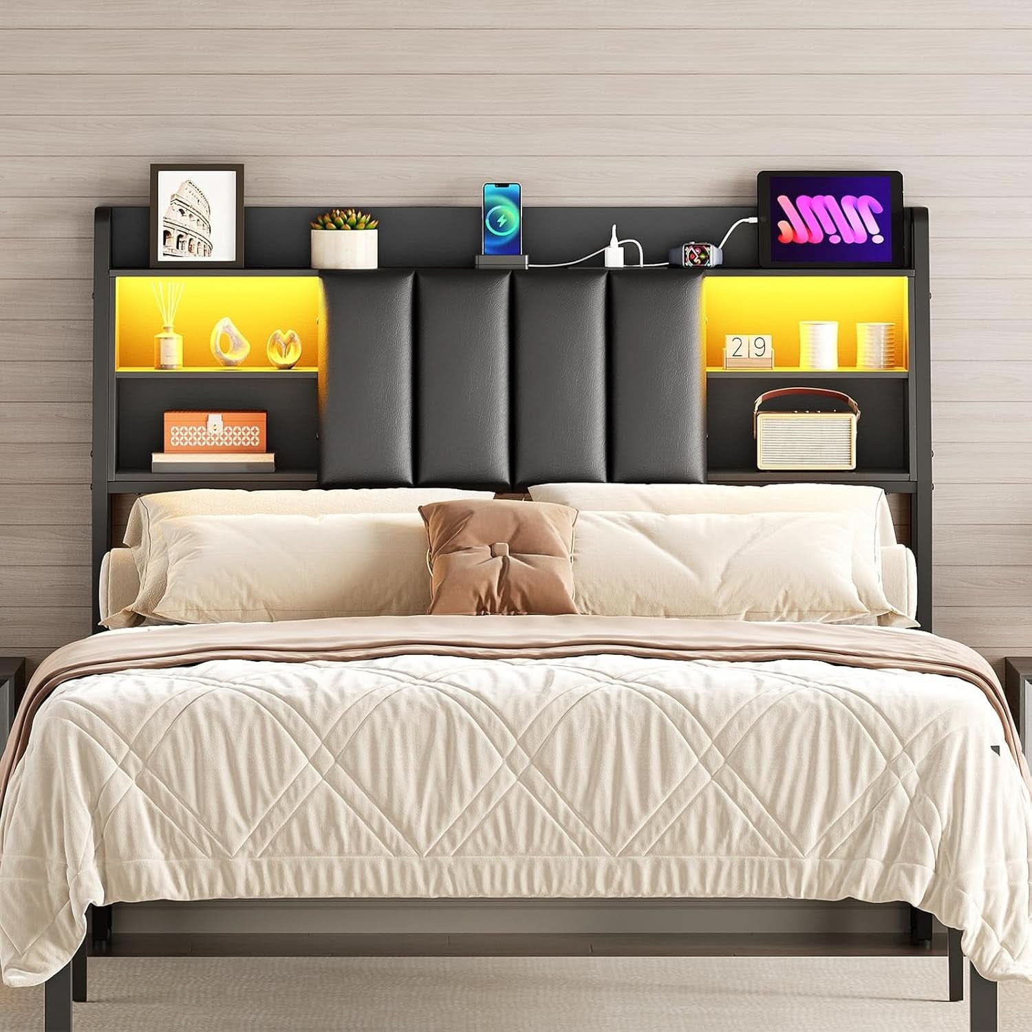 Upholstered Full Size Headboard with LED Lights and Storage