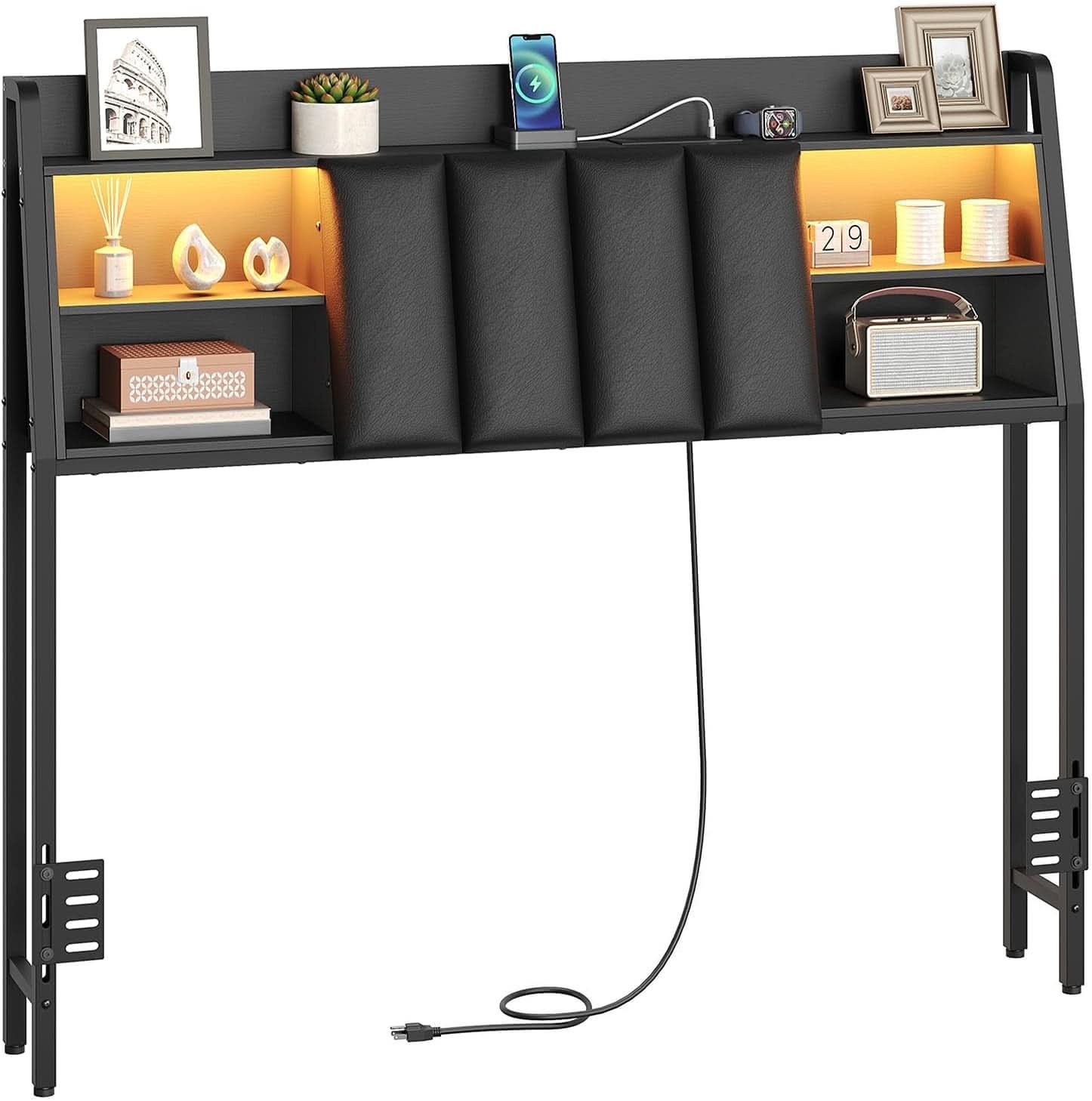 Upholstered Full Size Headboard with LED Lights and Storage