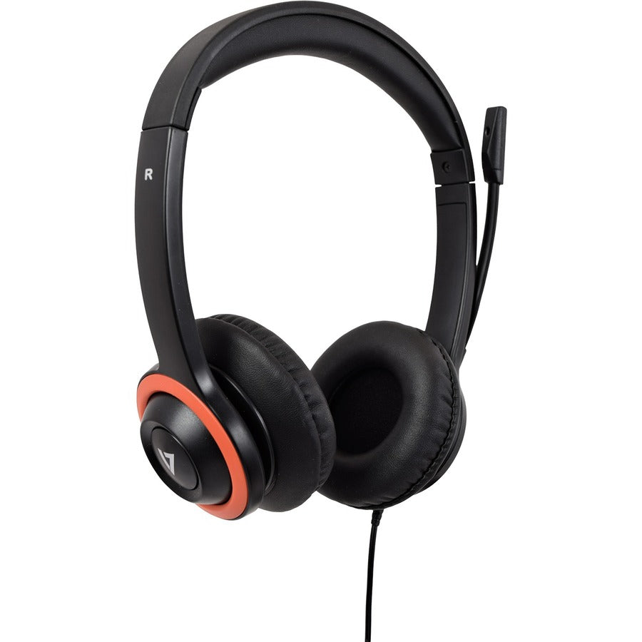 V7 Safe sound Education K-12 Headset with Microphone, volume limited, antimicrobial, 2m cable, 3.5mm, Laptop Computer, Chromebook, PC - Black, Red HA530E