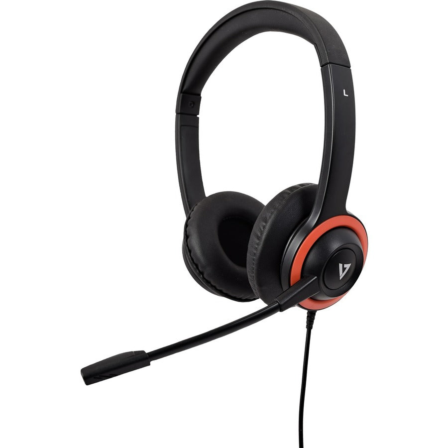 V7 Safe sound Education K-12 Headset with Microphone, volume limited, antimicrobial, 2m cable, 3.5mm, Laptop Computer, Chromebook, PC - Black, Red HA530E