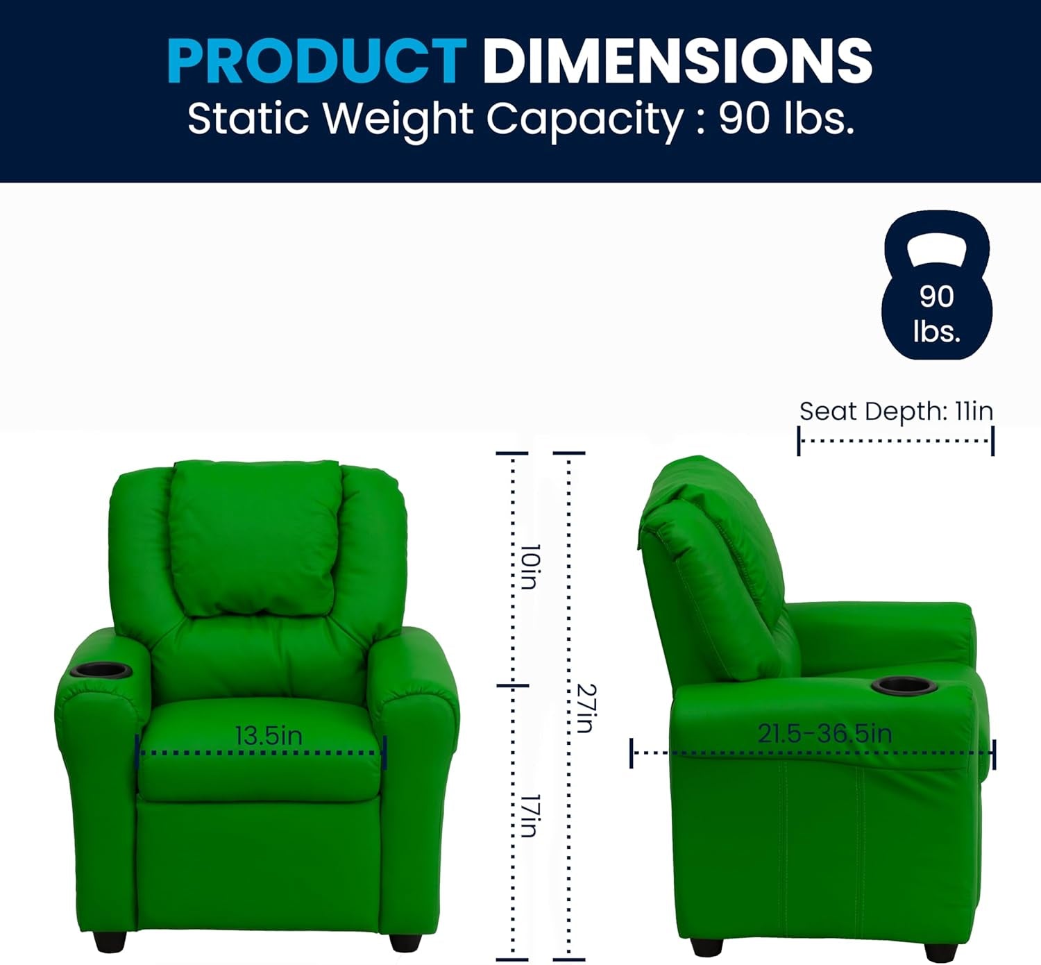 Vana Vinyl Kids Recliner With Cup Holder And Headrest Green