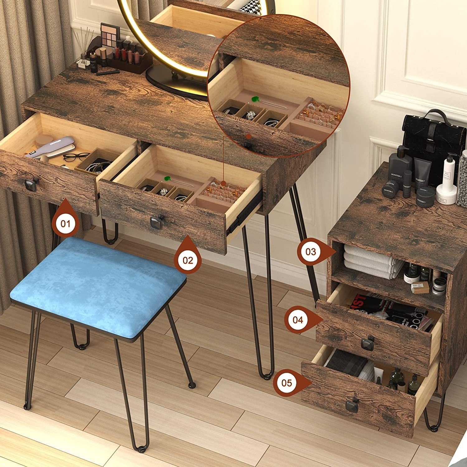 Vanity Desk Set With Drawers And LED Lighted Mirror