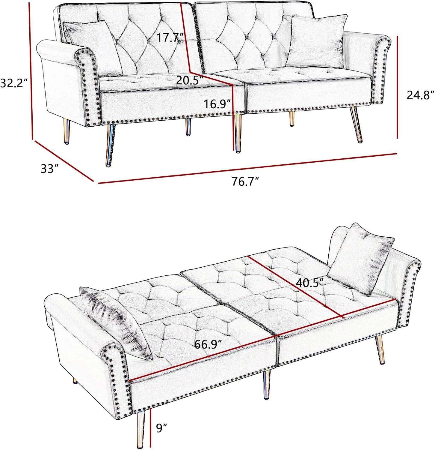 Velvet Convertible Sofa Bed Sleeper With Nailhead Trim