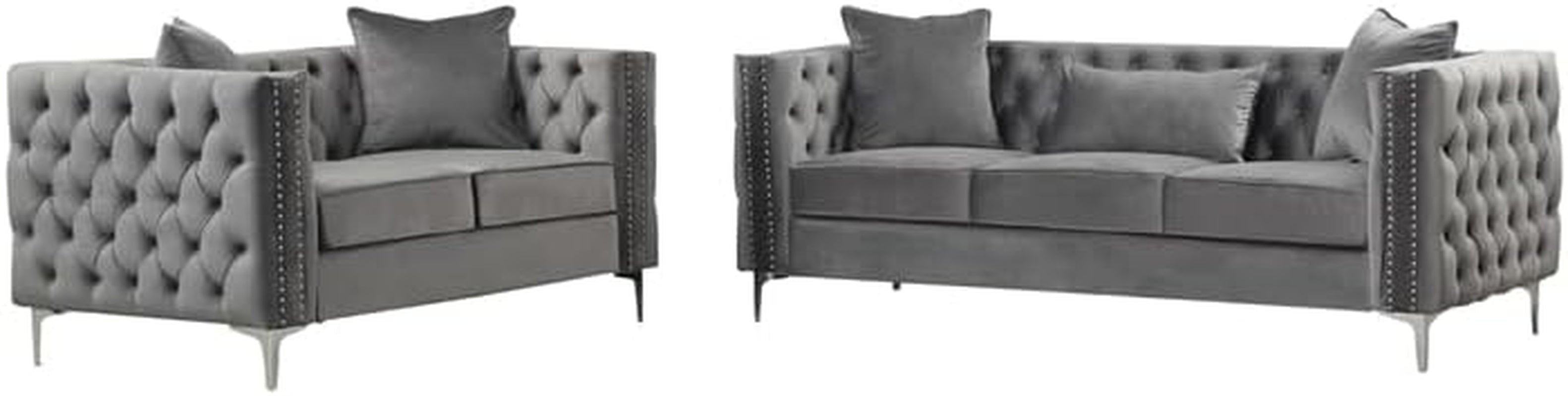 Velvet Fabric Sofa And Loveseat Set Gray For Living Room