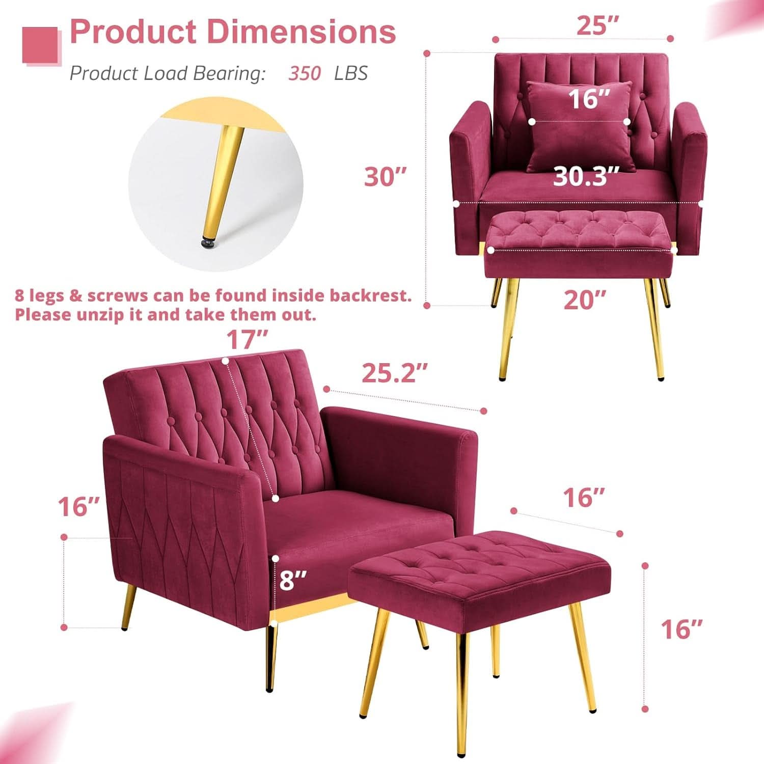 Velvet Futon Sofa Set Adjustable Backrests And Armrests 70 Inch Convertible Sofa Bed And Tufted Accent Chair Fuchsia