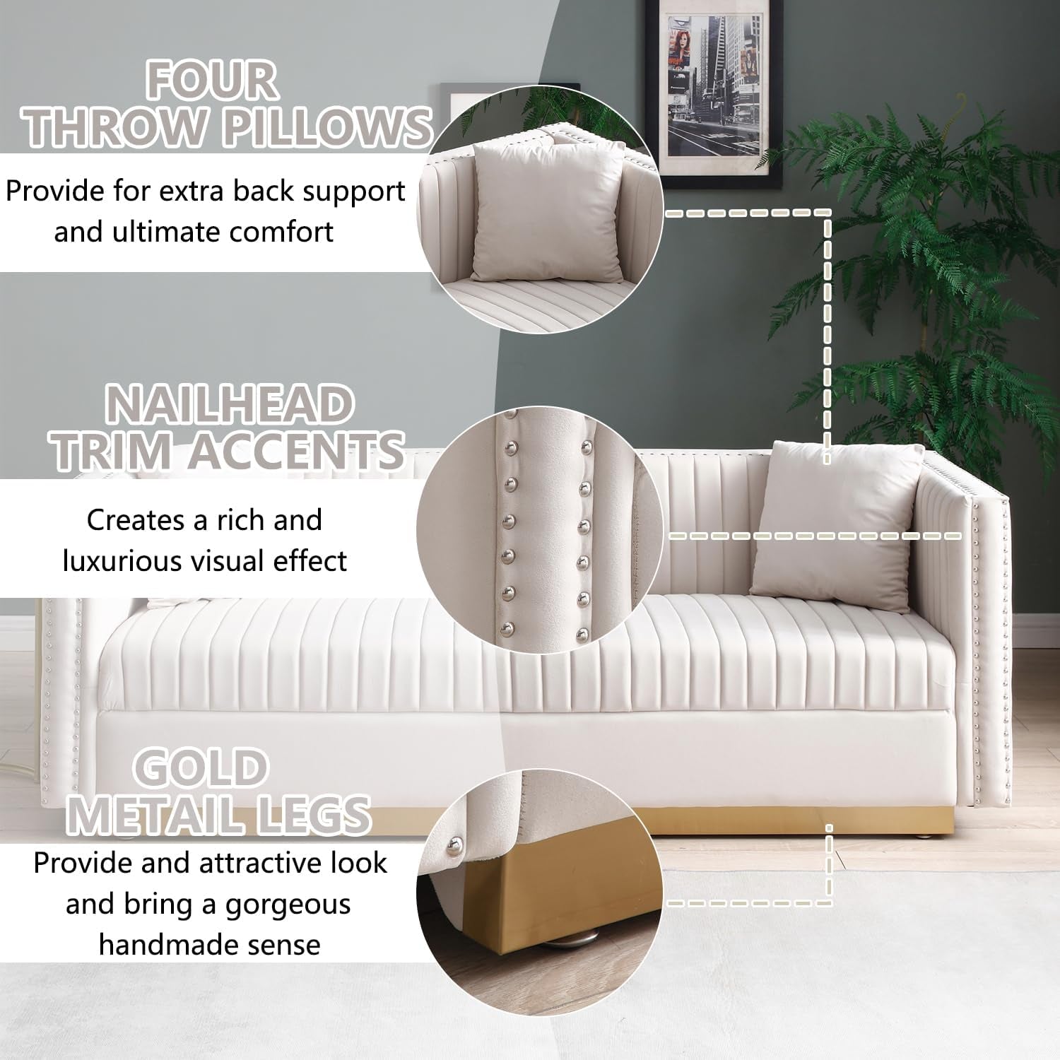 Velvet L Shaped Sofa Set With Nailhead Trim And Gold Legs