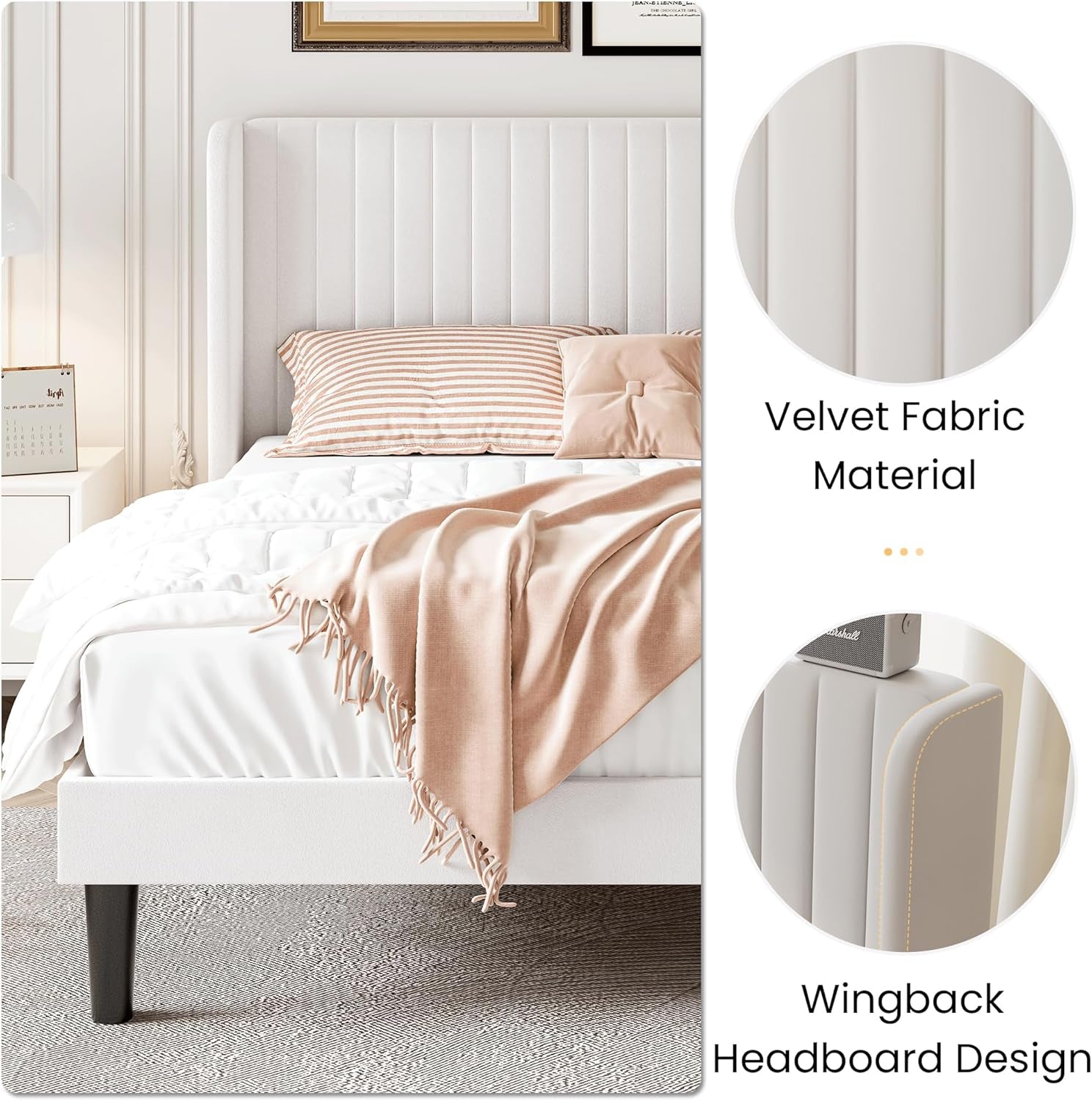 Velvet Upholstered Full Bed Frame With Wingback Headboard