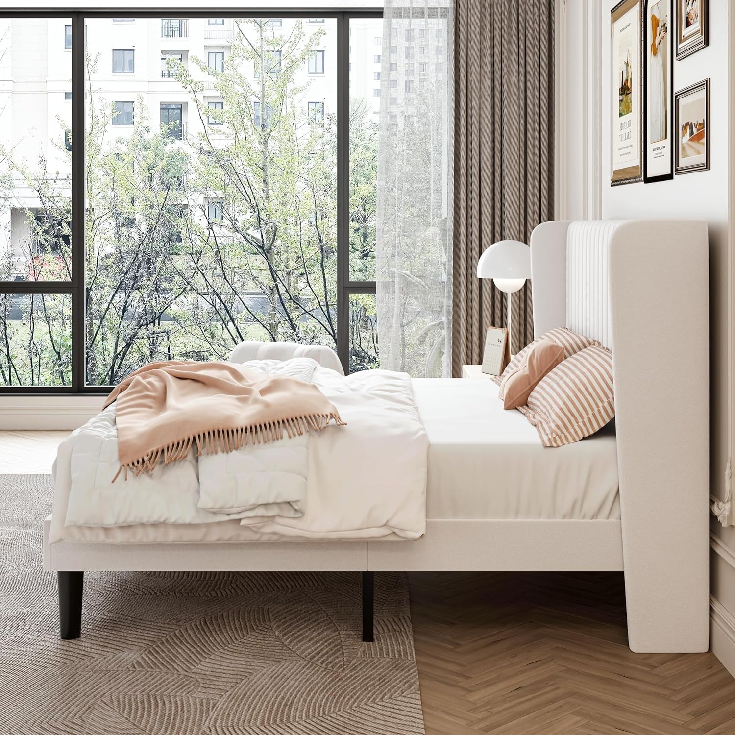 Velvet Upholstered Full Bed Frame With Wingback Headboard