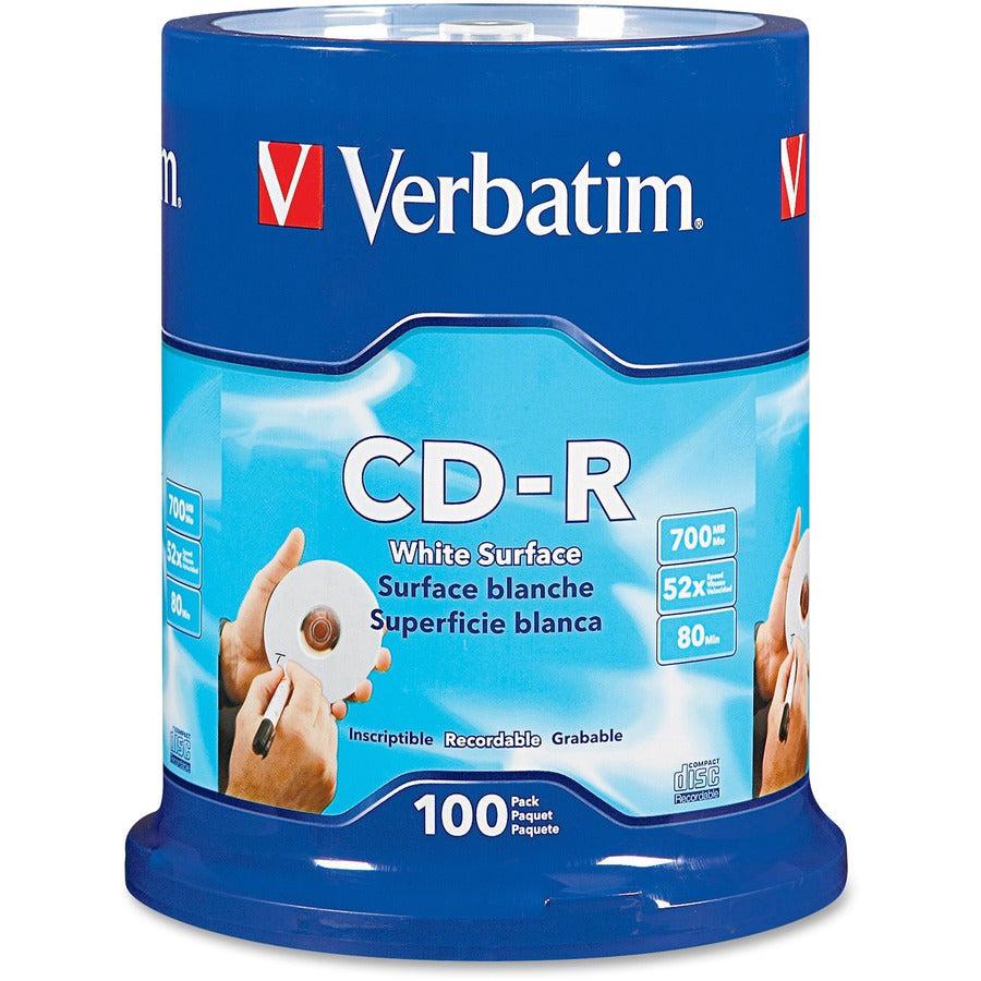 Verbatim Cd-R 700Mb 52X With Blank White Surface - 100Pk Spindle