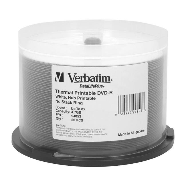 Verbatim Dvd-R 4.7Gb 8X Datalifeplus White Thermal Printable, Hub Printable - 50Pk Spindle