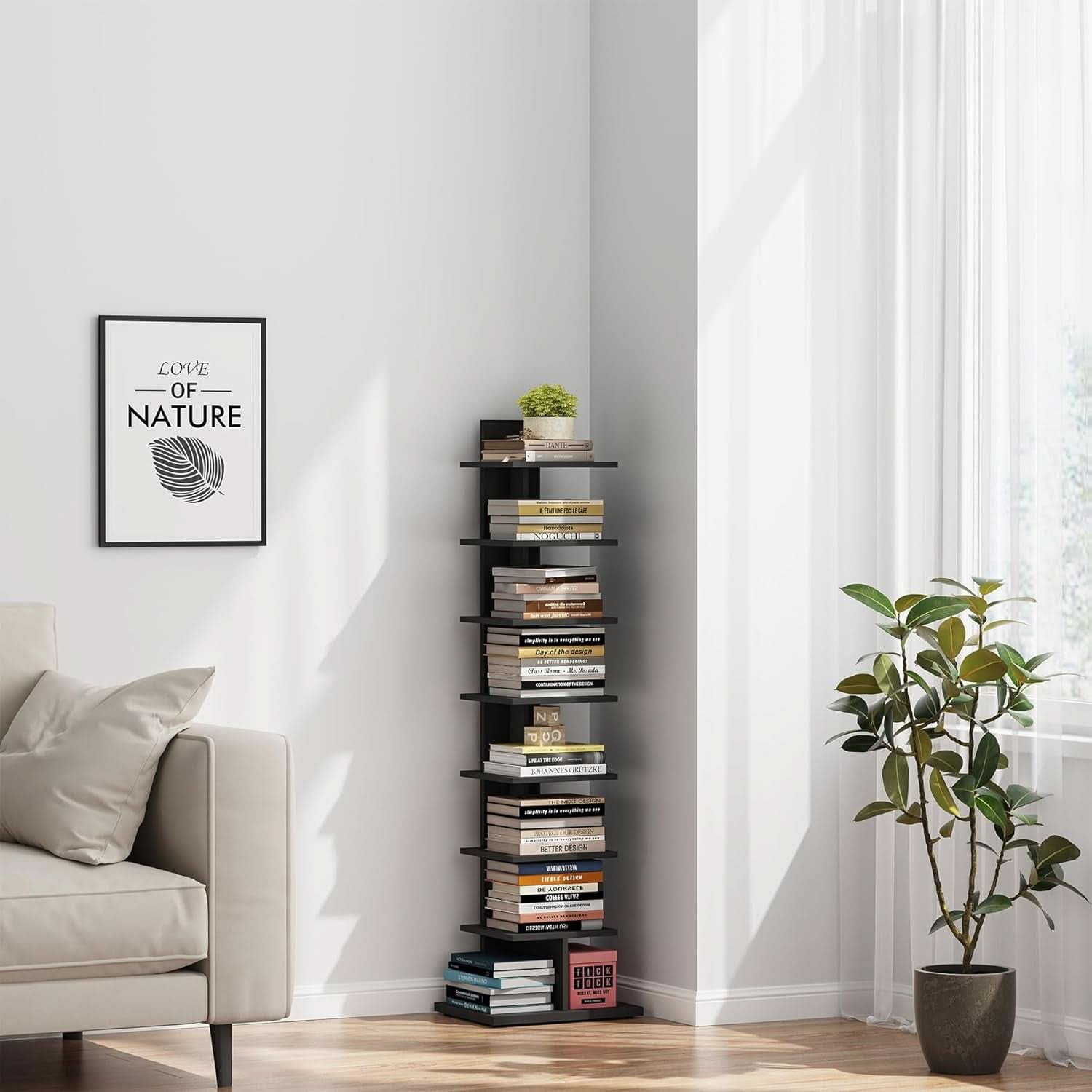Vertical 8 Tier Bookshelf Black For Small Spaces Bookcase