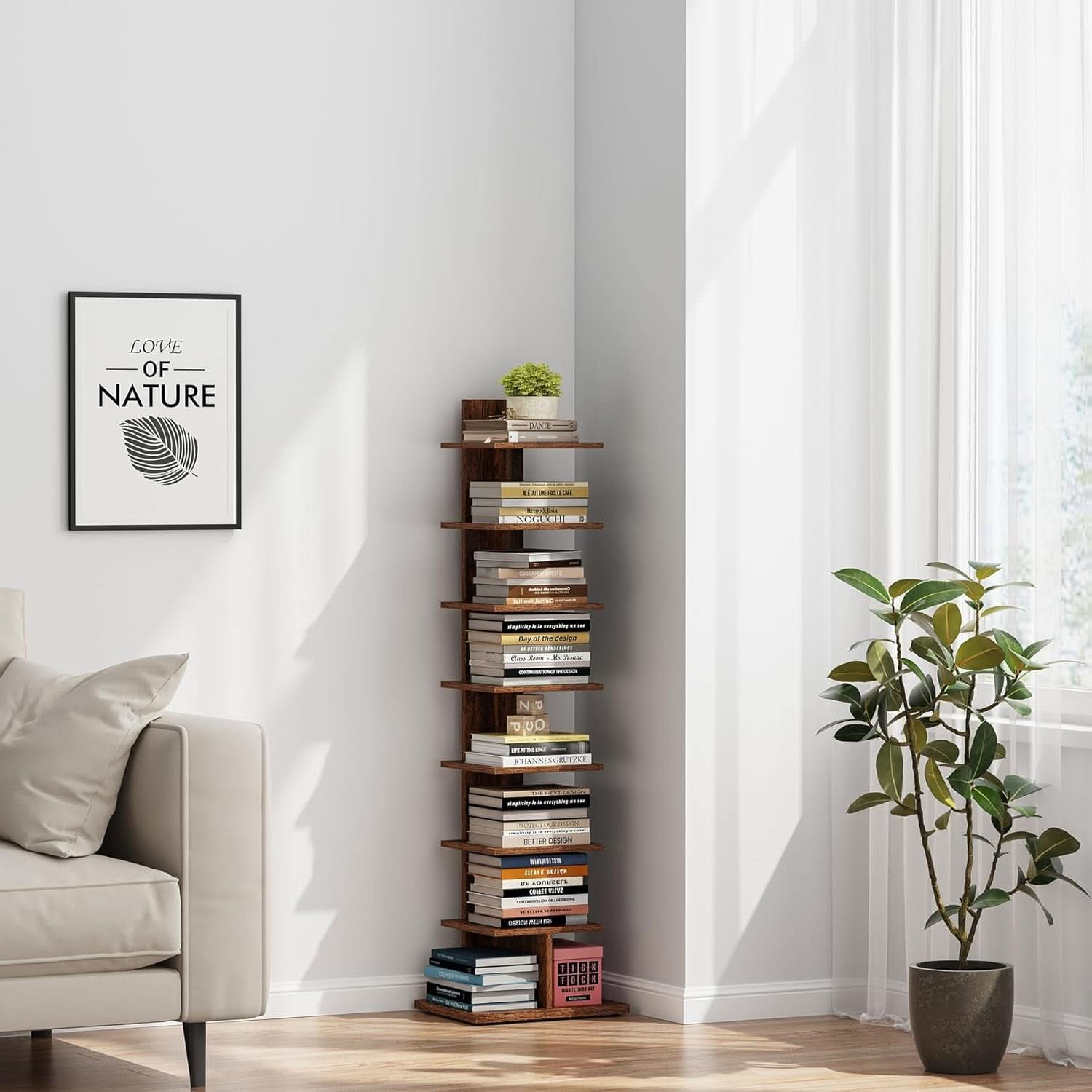 Vertical Bookshelf 8 Tier Rustic Brown Corner Shelf