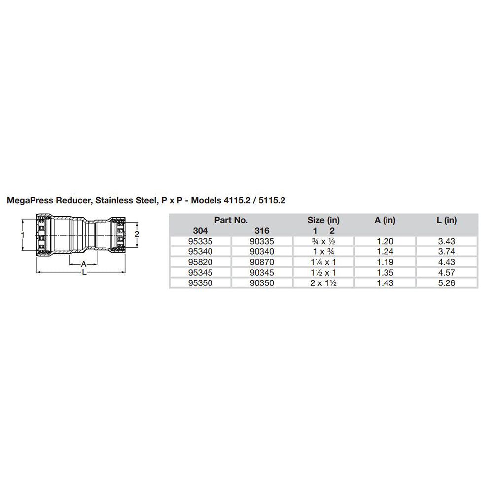 Viega MegaPress 1" x 3/4" Stainless Steel 304 Reducer - Double Press Connection - Smart