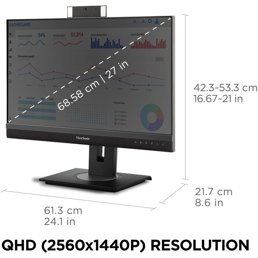 ViewSonic VG2756V-2K 27 Inch 1440p Video Conference Monitor with Webcam, 2 Way Powered 90W USB C, Docking Built-In Gigabit Ethernet RJ45, 40 Degree Tilt Ergonomics