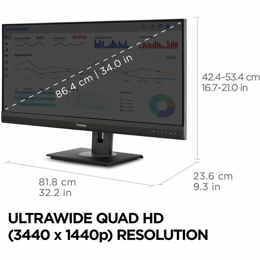 ViewSonic VG3456A 34 Inch 21:9 UltraWide QHD 1440p IPS Monitor with Ergonomics Design,